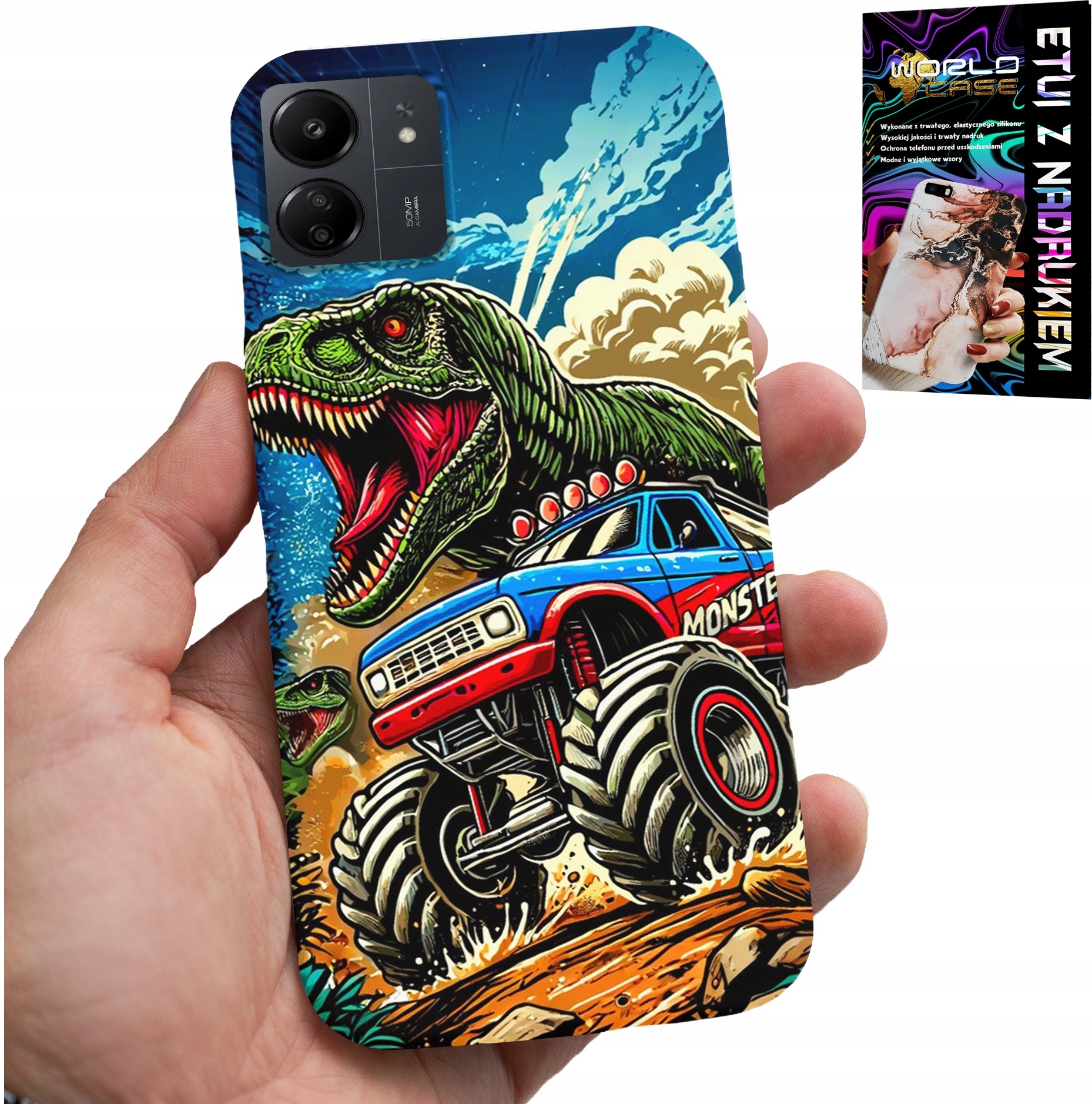 ETUI DO XIAOMI REDMI 13C 4G -DINOZAUR W MONSTERTRUCKU WZORY DLA DZIECI