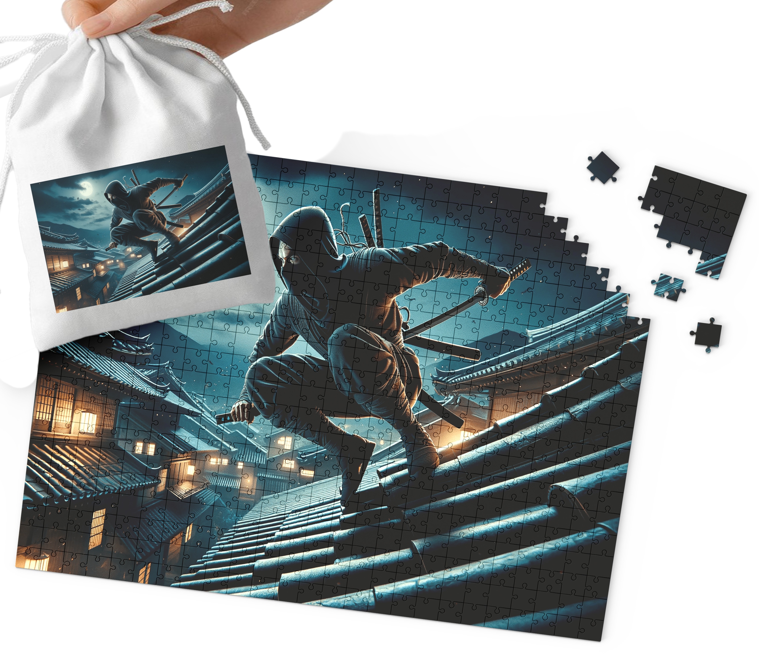 PUZZLE - NINJA WZORY Z BAJEK I GIER PREZENT DLA DZIECI 110EL + WORECZEK