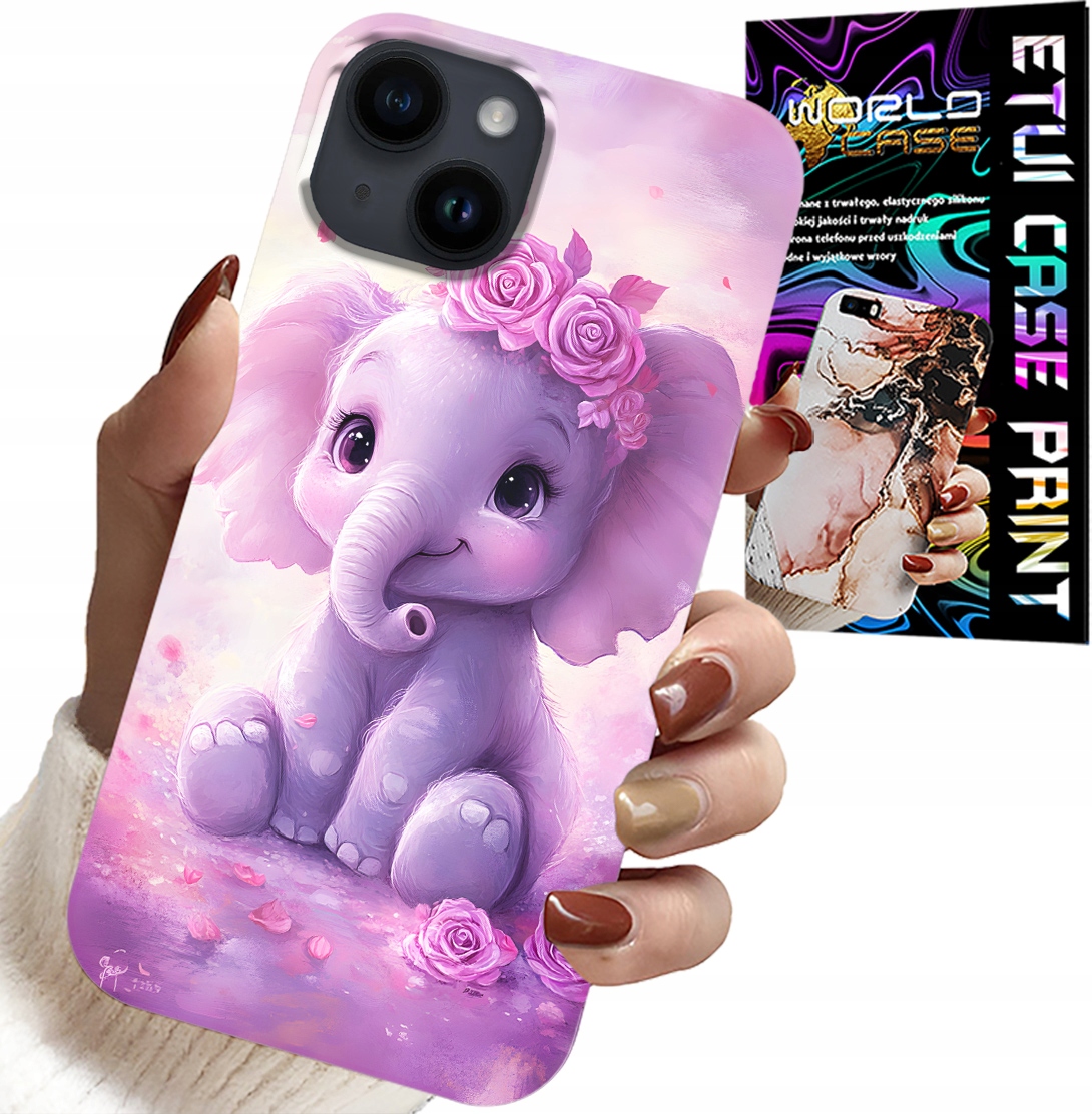ETUI DO IPHONE 15 - SŁODKI SŁONIK NA RÓŻOWYM TLE CASE +FOLIA