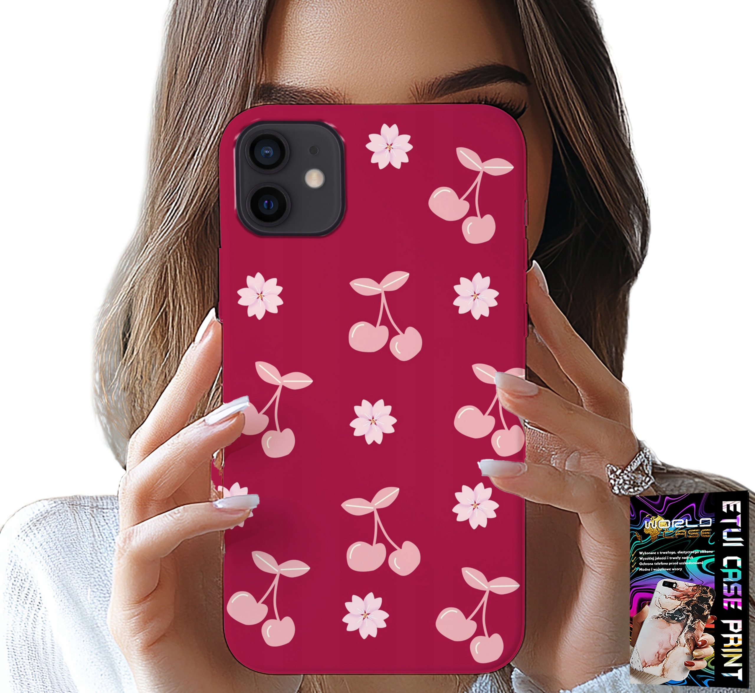 ETUI DO IPHONE 12 MINI - WISIENKI, WIŚNIE NA BORDOWYM TLE + FOLIA