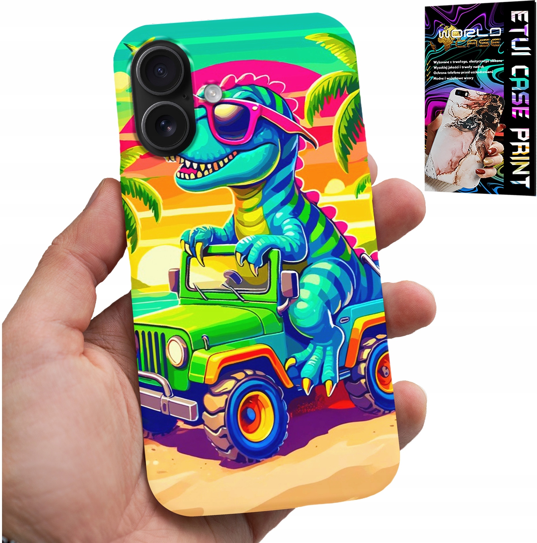 ETUI DO IPHONE 16 - DINOZAUR W CIĘŻARÓWCE WZORY DLA DZIECI