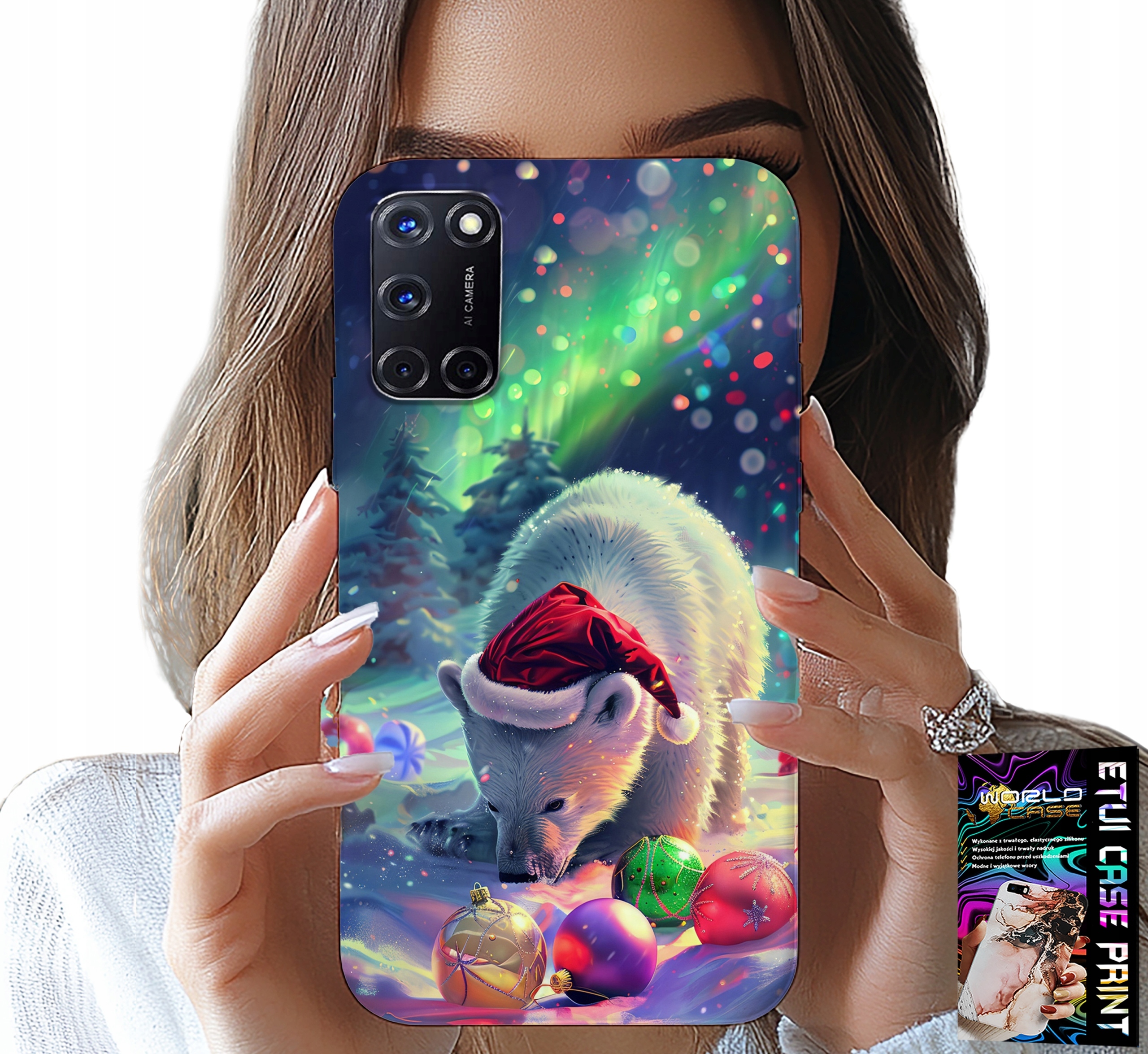 ETUI DO OPPO A52 - ŚWIĄTECZNY NIEDŹWIEDŹ BOMBKI CASE +FOLIA