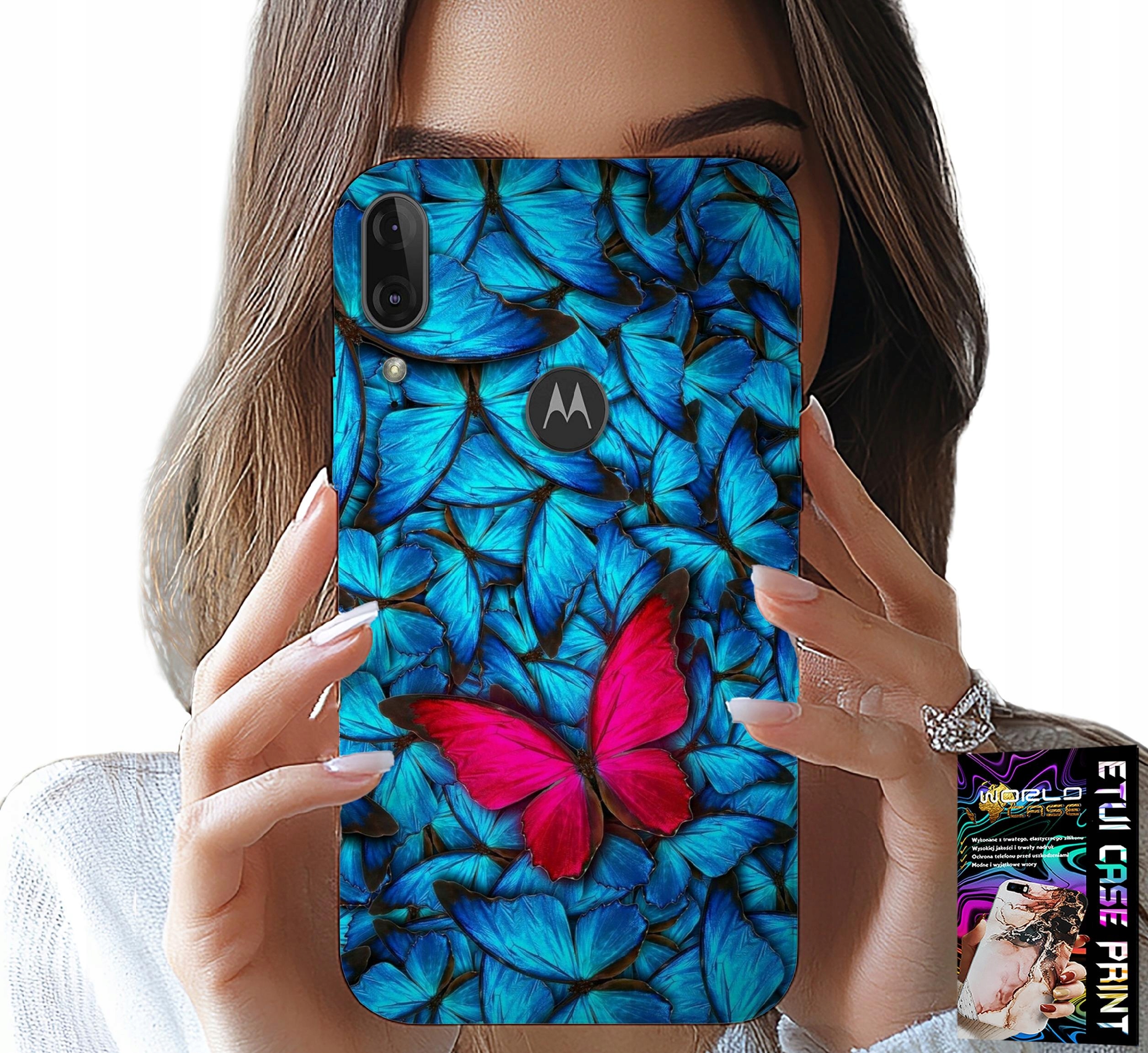 ETUI DO MOTOROLA MOTO E6 PLUS - NIEBIESKIE MOTYLKI, MOTYL, KOBIECE WZORY