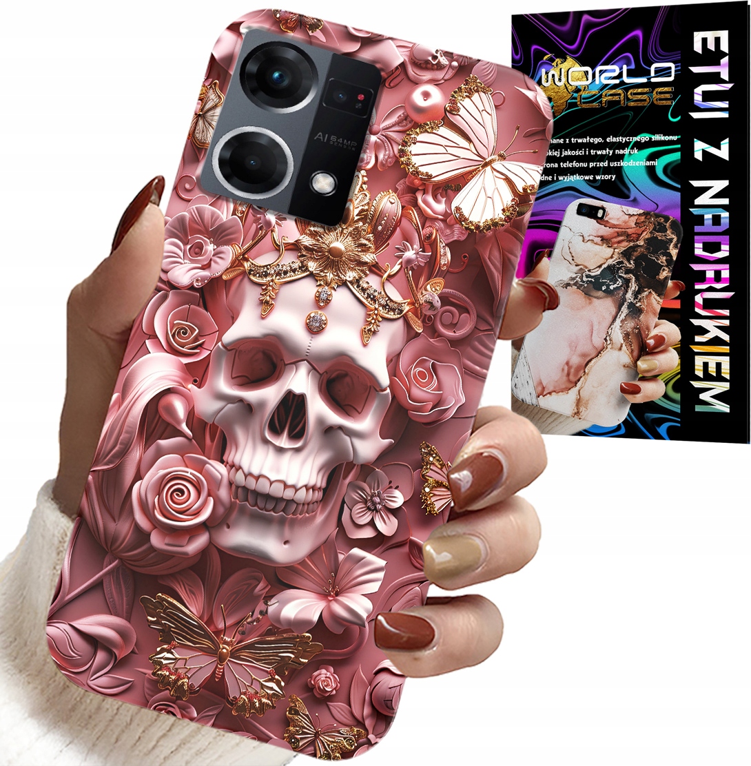 ETUI DO OPPO RENO7 4G - KOBIECE, MODNE WZORY, CZASZKA W RÓŻE