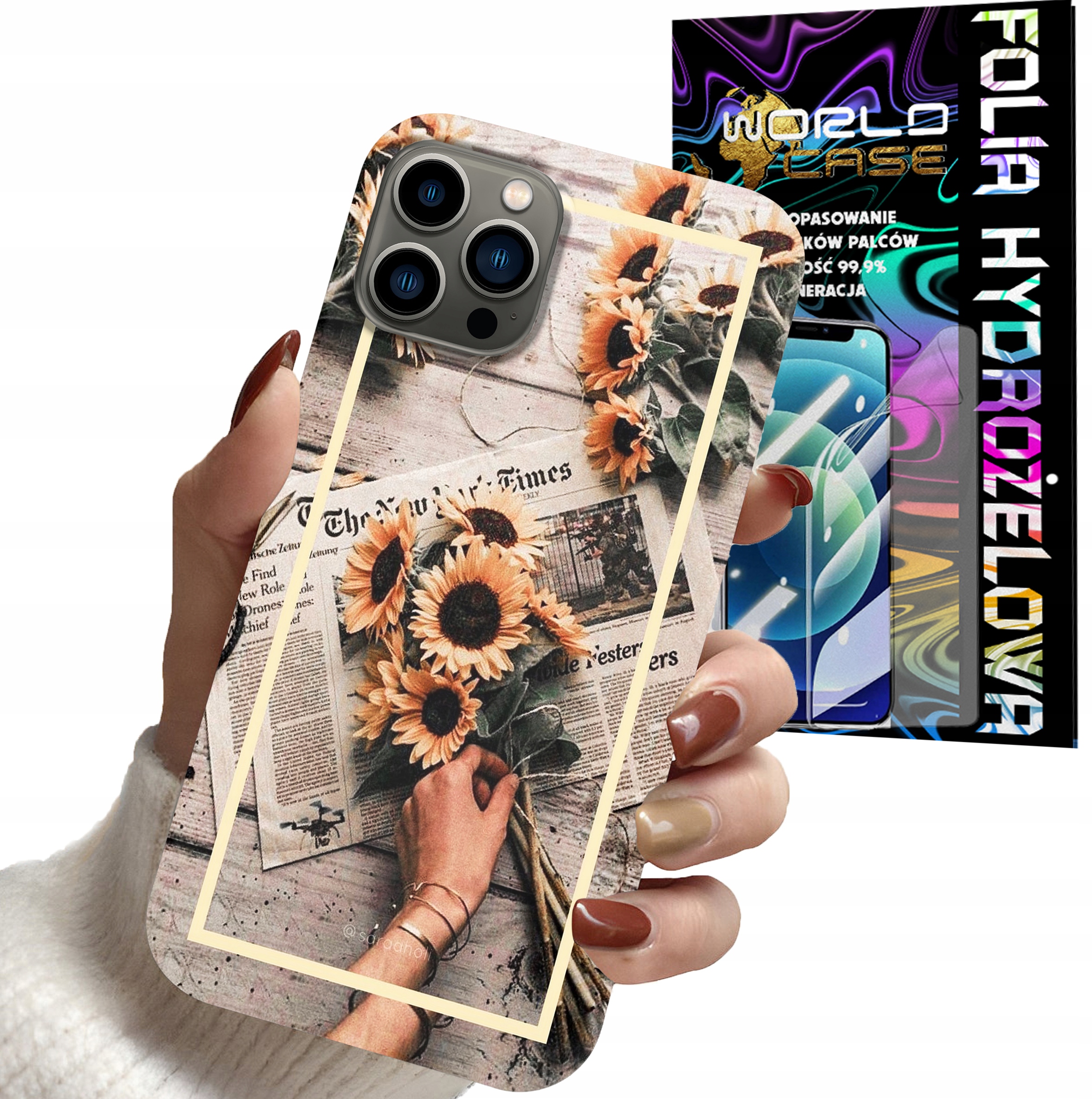 ETUI CASE DO IPHONE 14 PRO MAX - SŁONECZNIK KWIATY DLA KOBIET PLECK + FOLIA