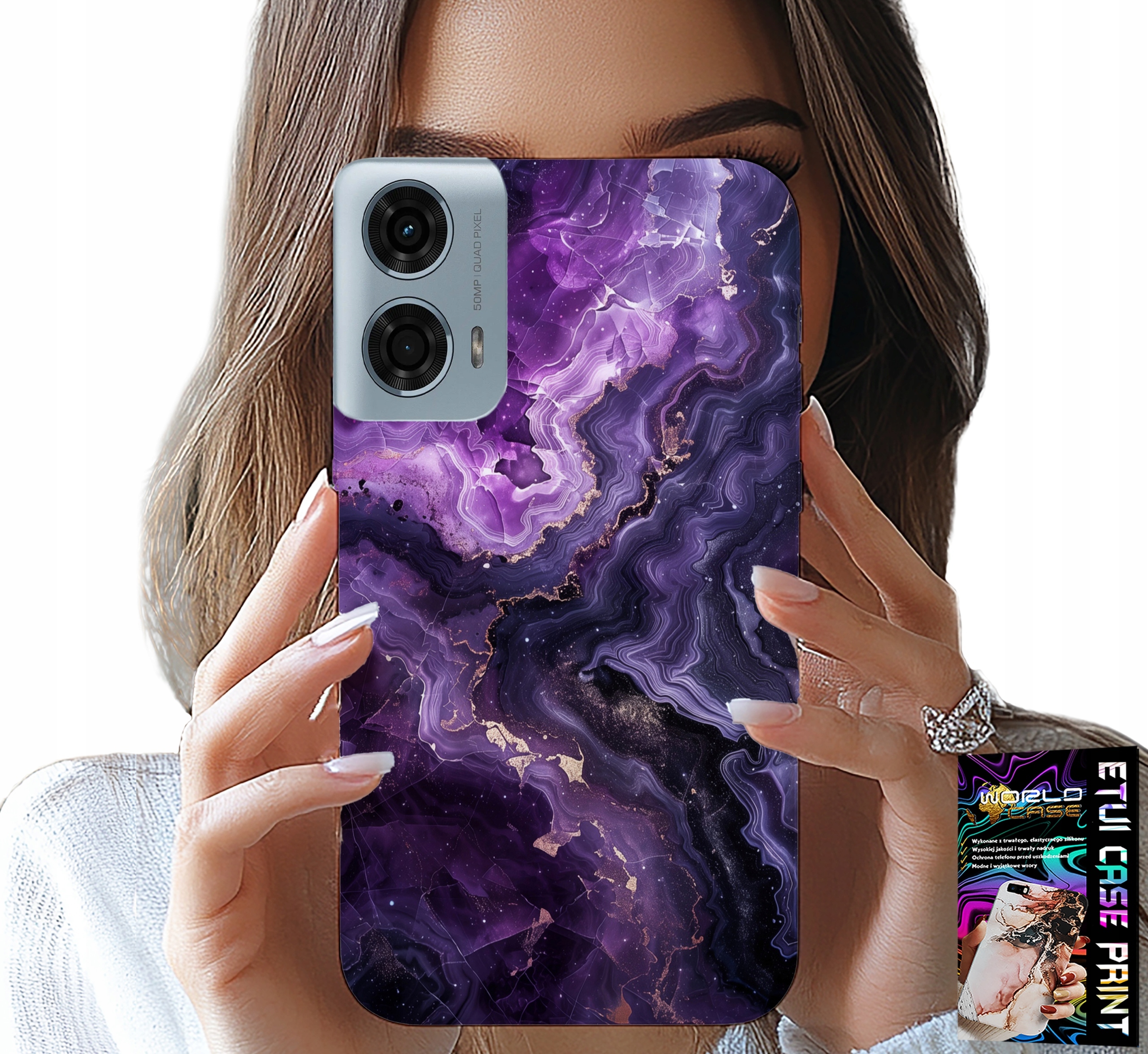 ETUI DO MOTOROLA MOTO G85 5G - FIOLETOWY MARMUREK MODNE KOBIECE + SZKŁO