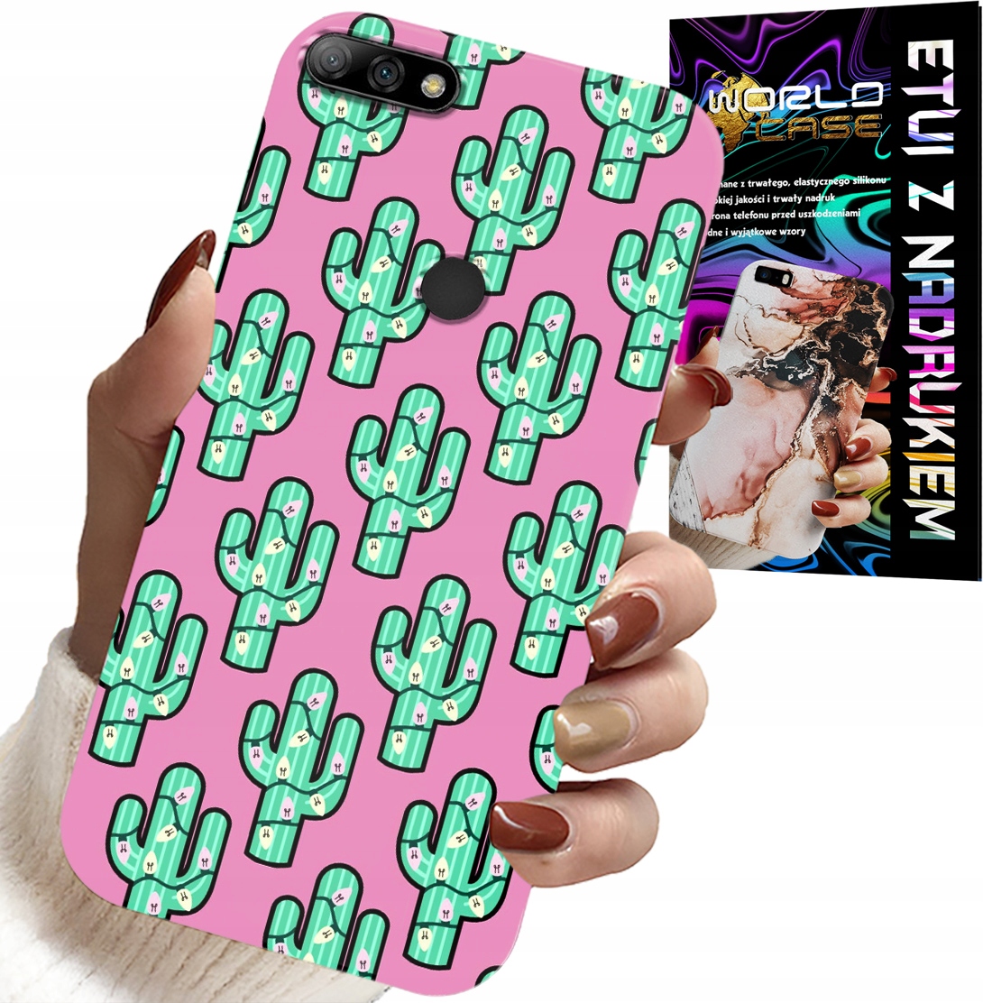 ETUI DO HUAWEI Y7 2018 - KAKTUSY, KAKTUS NA RÓŻOWYM TLE + FOLIA