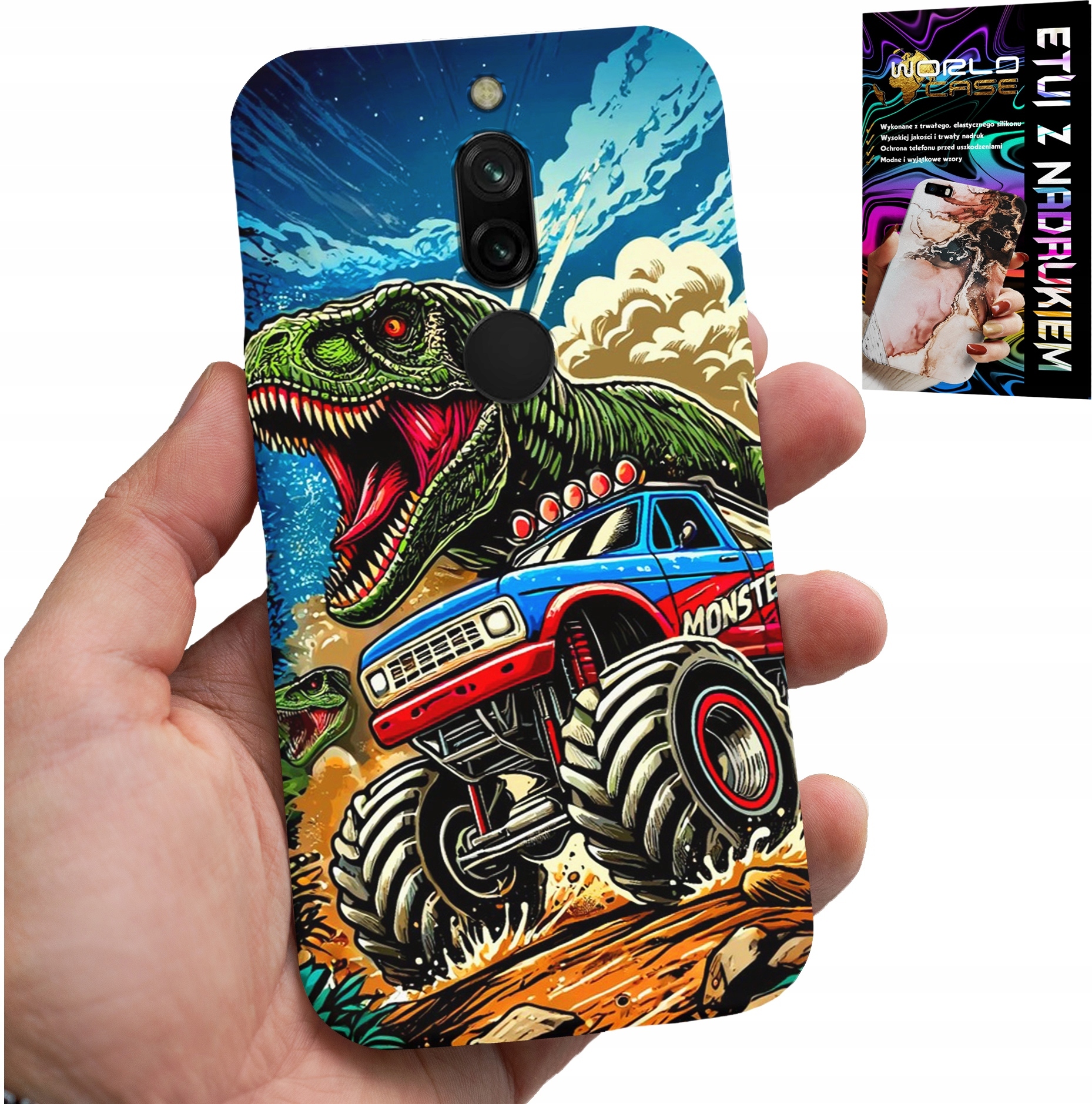 ETUI DO XIAOMI REDMI 8 -DINOZAUR W MONSTERTRUCKU WZORY DLA DZIECI