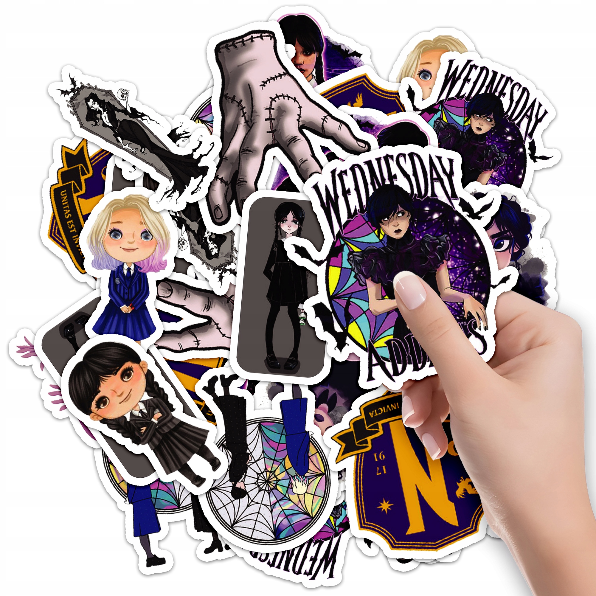 NAKLEJKI NA ZESZYT NALEPKA Z POSTACIAMI SERIAL WEDNESDAY WZORY 10SZT