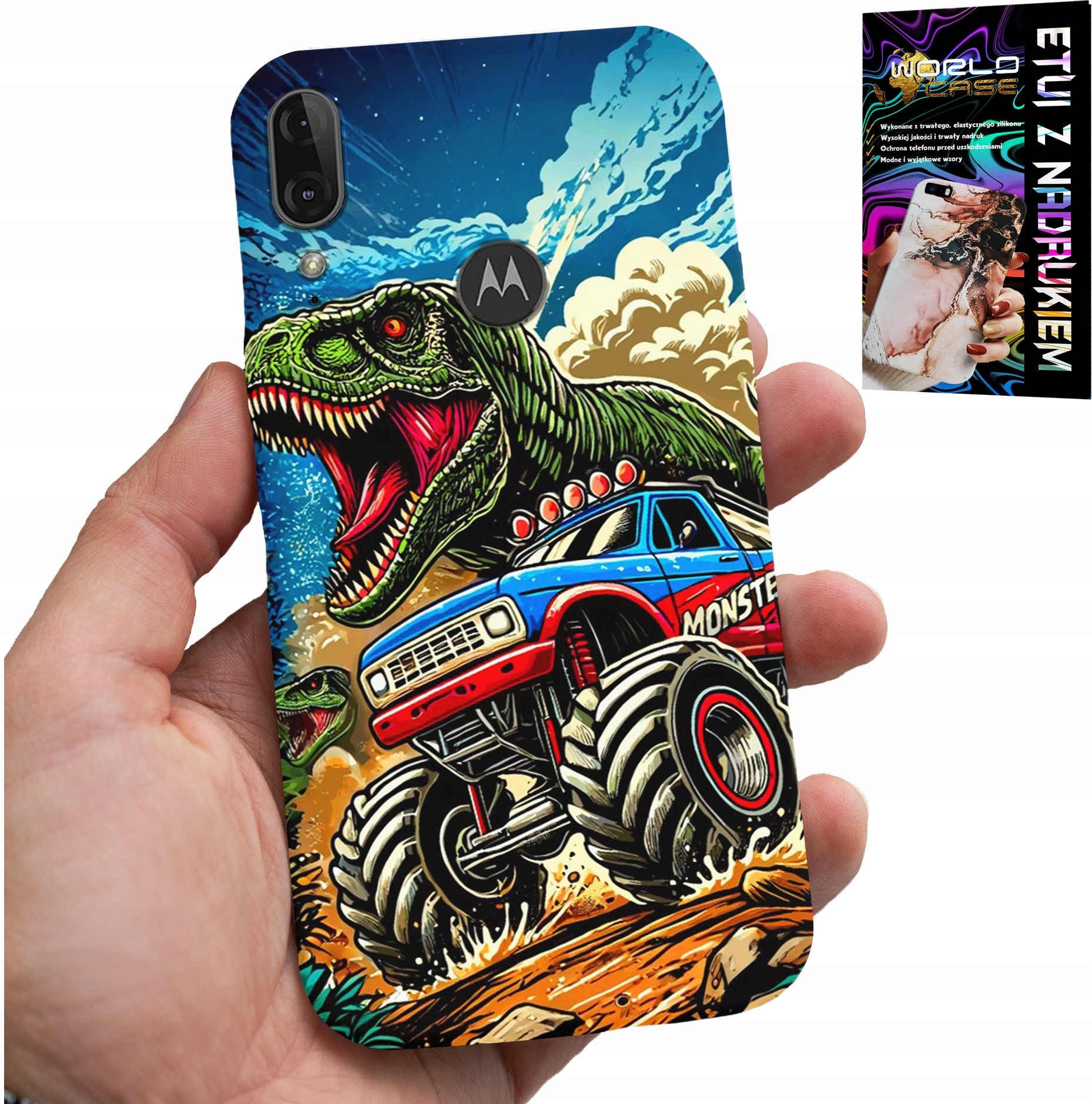 ETUI DO MOTOROLA MOTO E6 PLUS -DINOZAUR W MONSTERTRUCKU WZORY DLA DZIECI