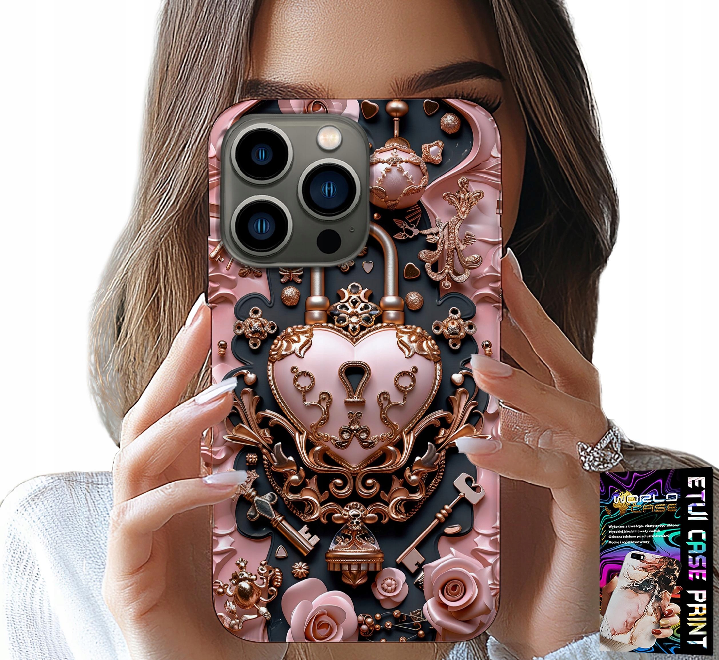 ETUI DO IPHONE 15 PRO - KOBIECE, MODNE WZORY, KŁÓDKA SERCE RÓŻA