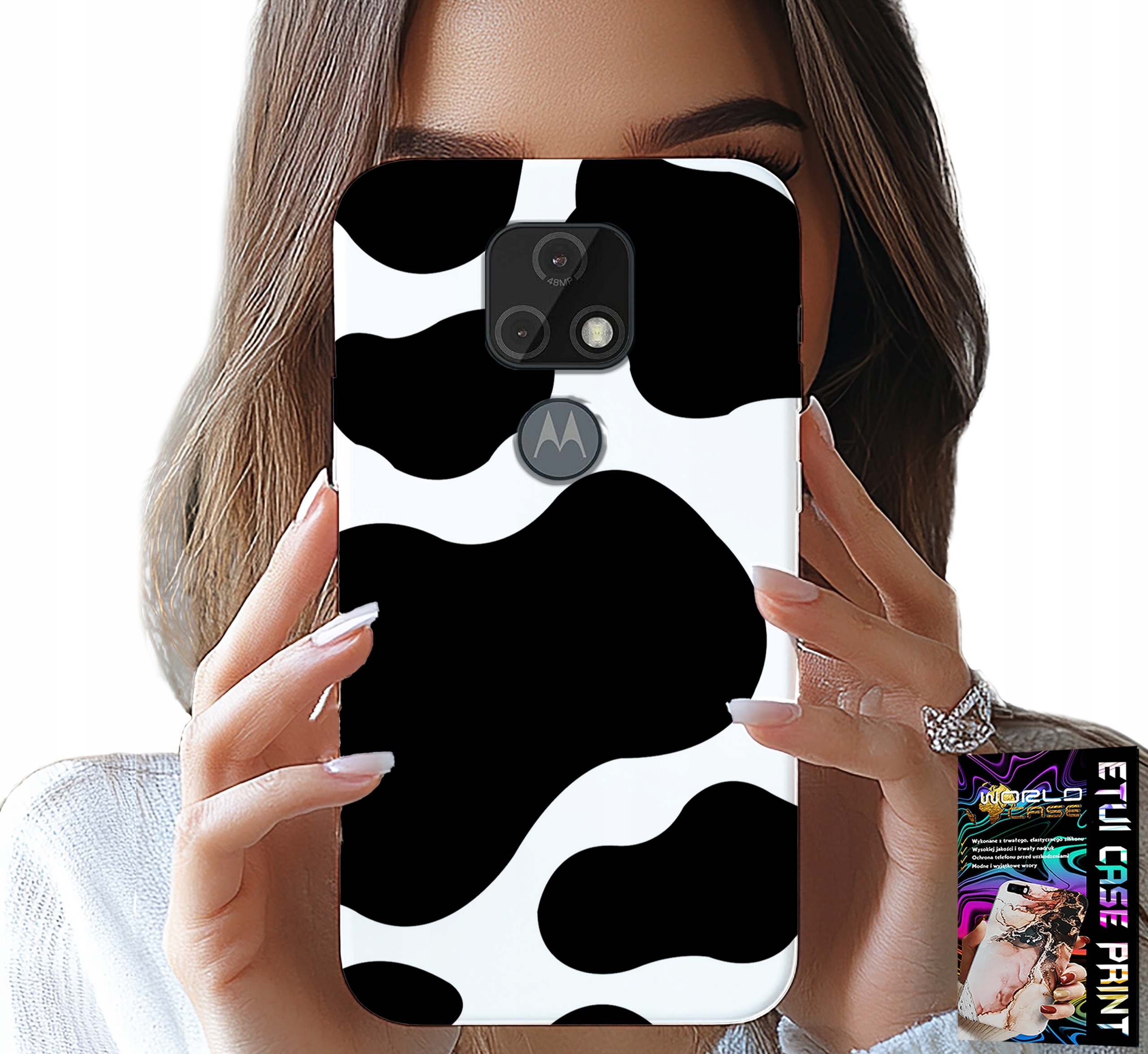 ETUI DO MOTOROLA MOTO E7 PLUS - CZARNO - BIAŁE ŁATY KROWA, MODNE WZORY