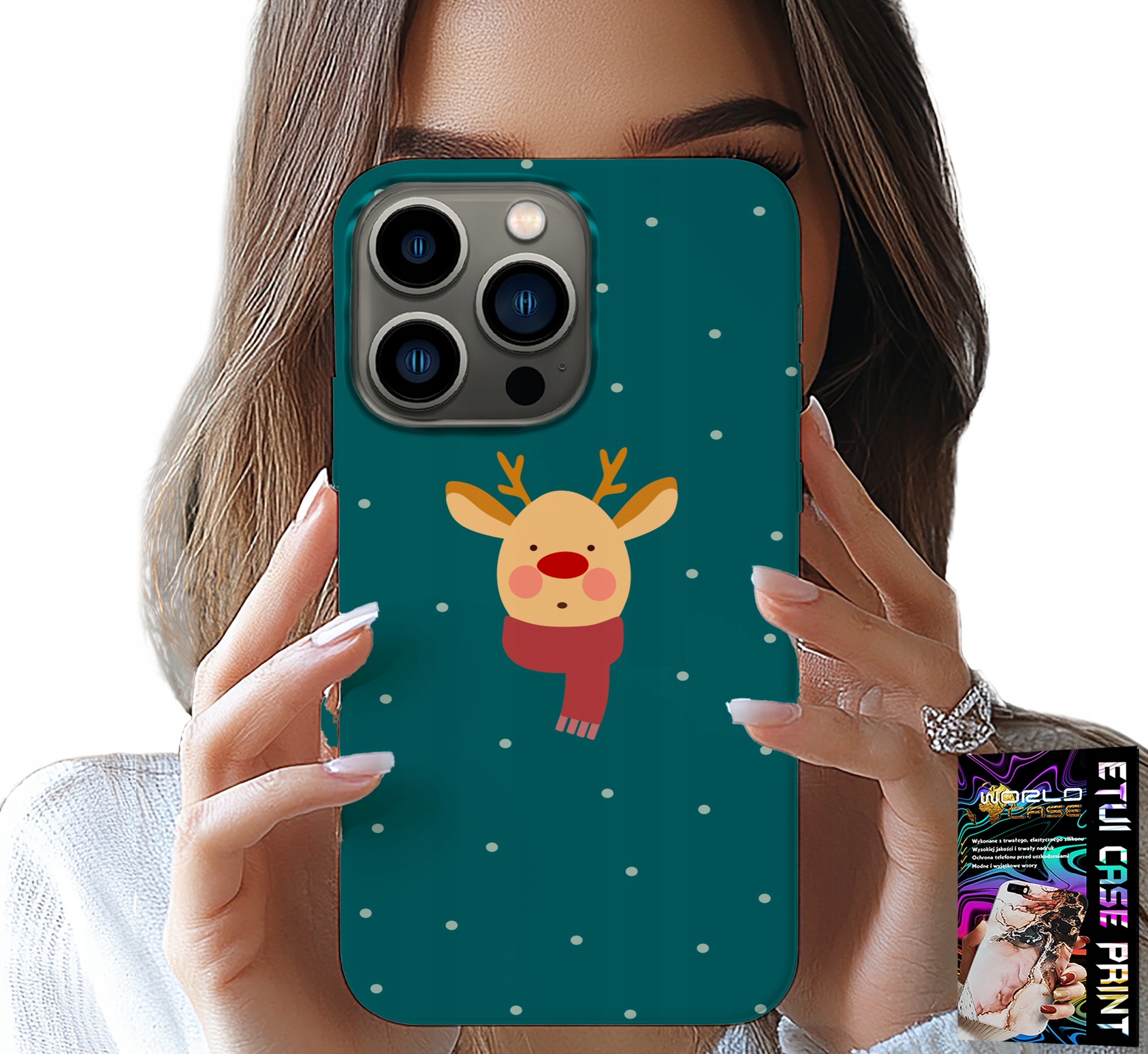 ETUI DO IPHONE 14 PRO - RENIFER NA ZIELONYM TLE ŚWIĄTECZNE WZORY