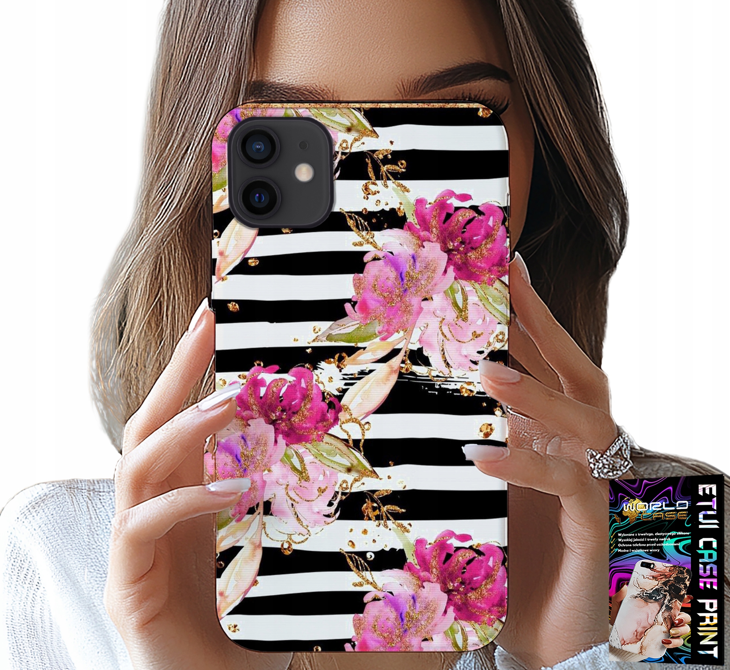 ETUI DO IPHONE 12 - KWIATKI W CZARNO - BIAŁE PASKI WZORY