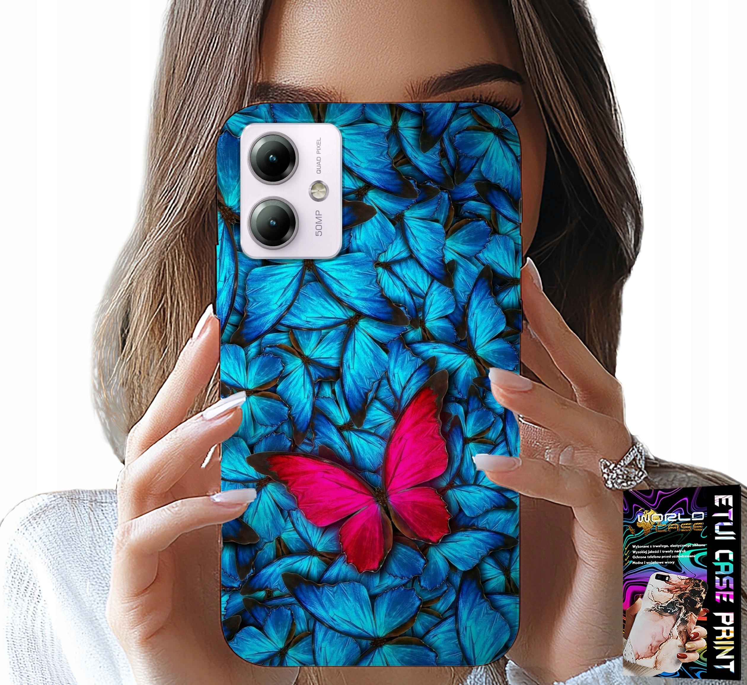 ETUI DO MOTOROLA MOTO G14 - NIEBIESKIE MOTYLKI, MOTYL, KOBIECE WZORY