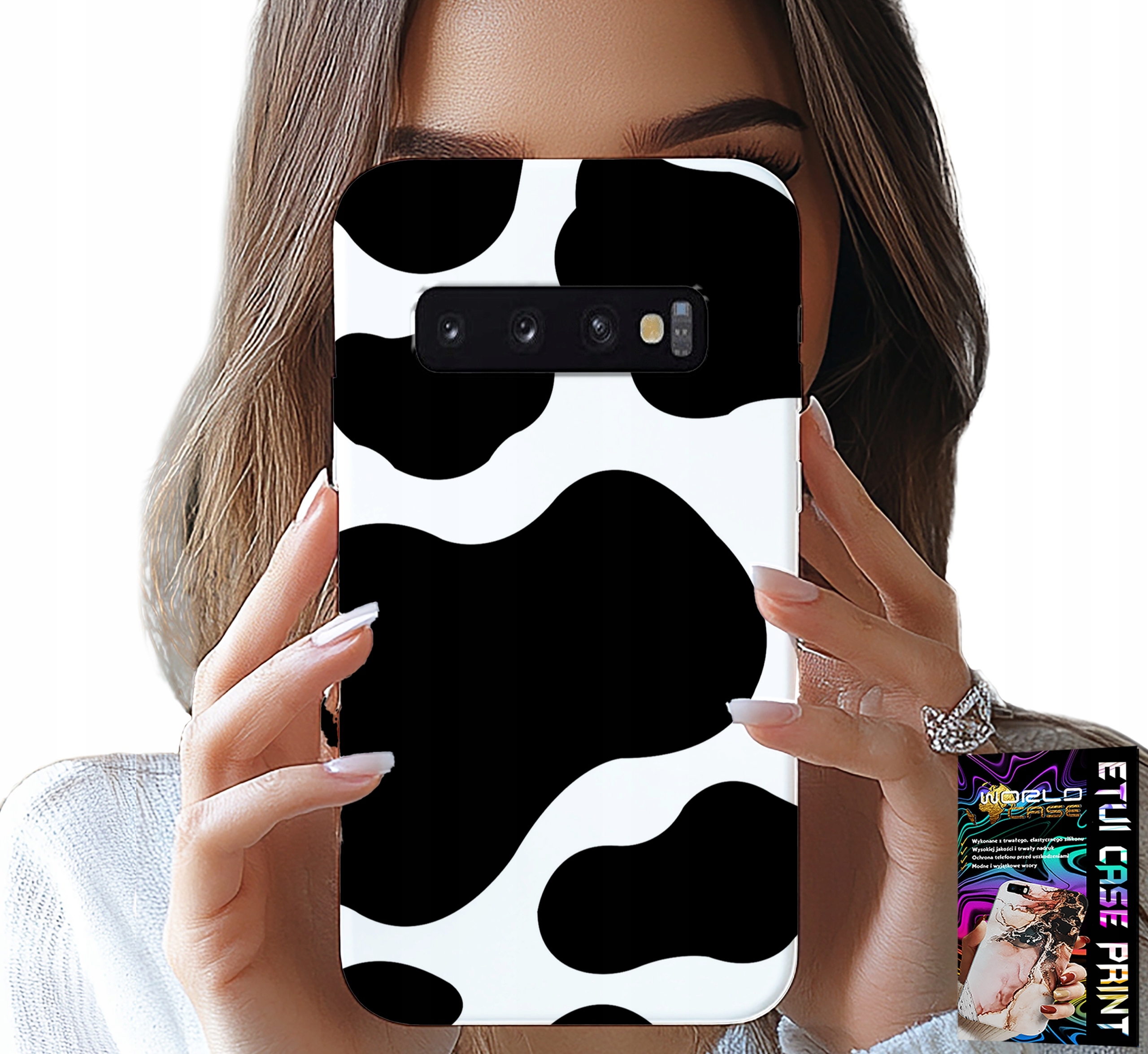 ETUI DO SAMSUNG GALAXY S10 PLUS - CZARNO - BIAŁE ŁATY KROWA, MODNE WZORY