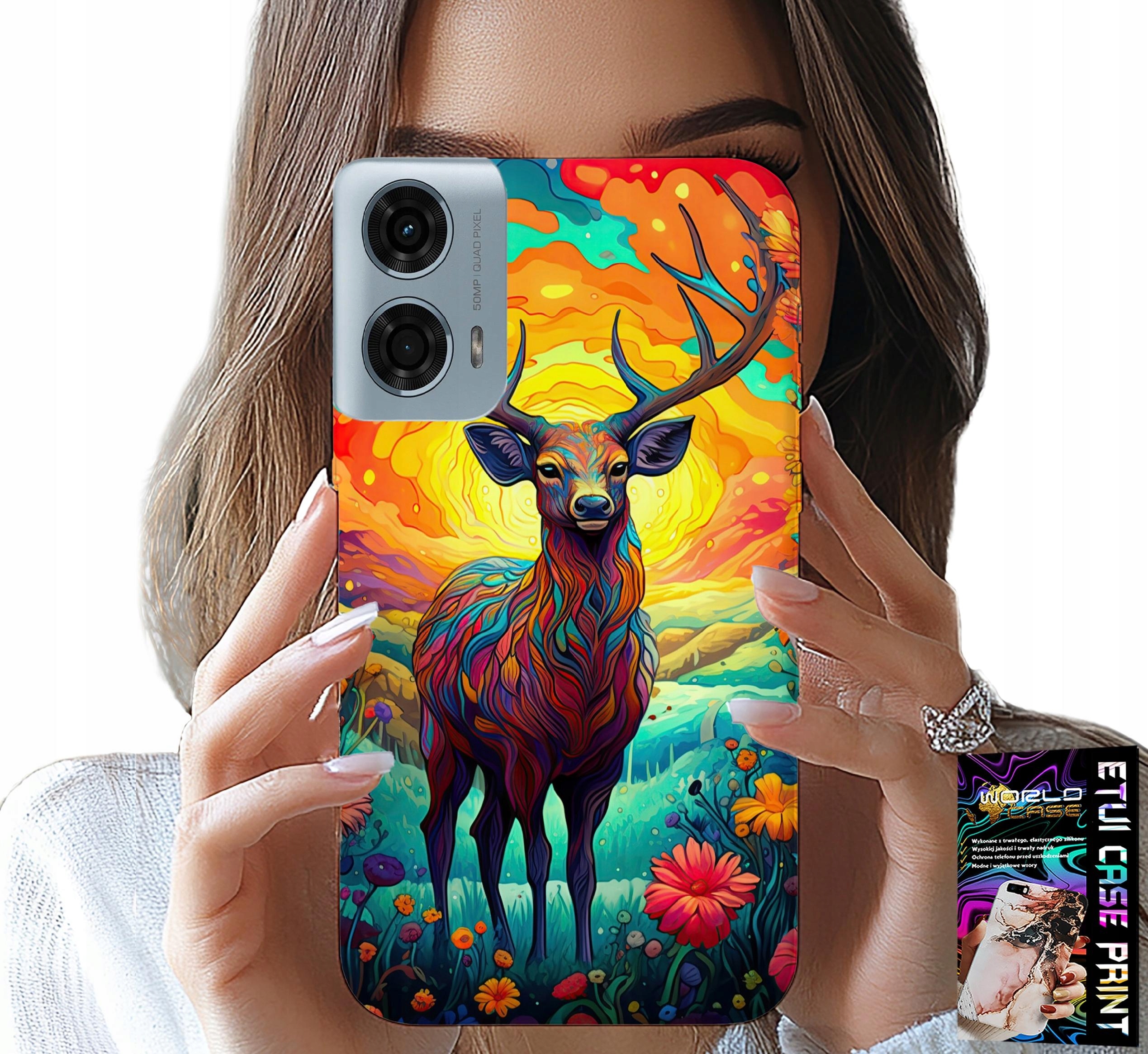 ETUI DO MOTOROLA G24 / G04 - KOLOROWE WZORY JELEŃ ŁOŚ ZWIERZĘTA LEŚNE