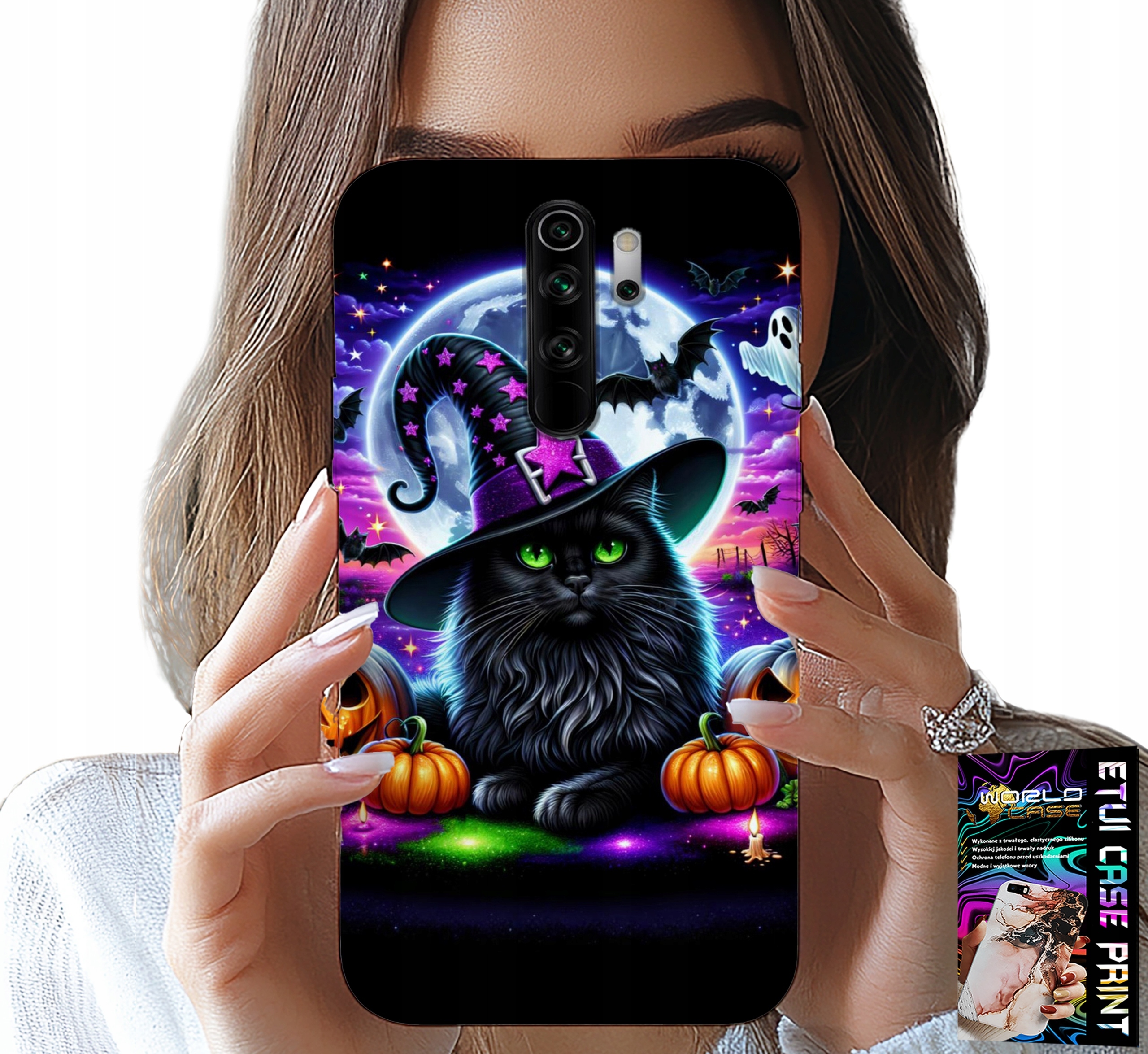 ETUI DO XIAOMI REDMI 9 - CZARNY KOTEK HALLOWEEN SALEM DYNIA WZORY