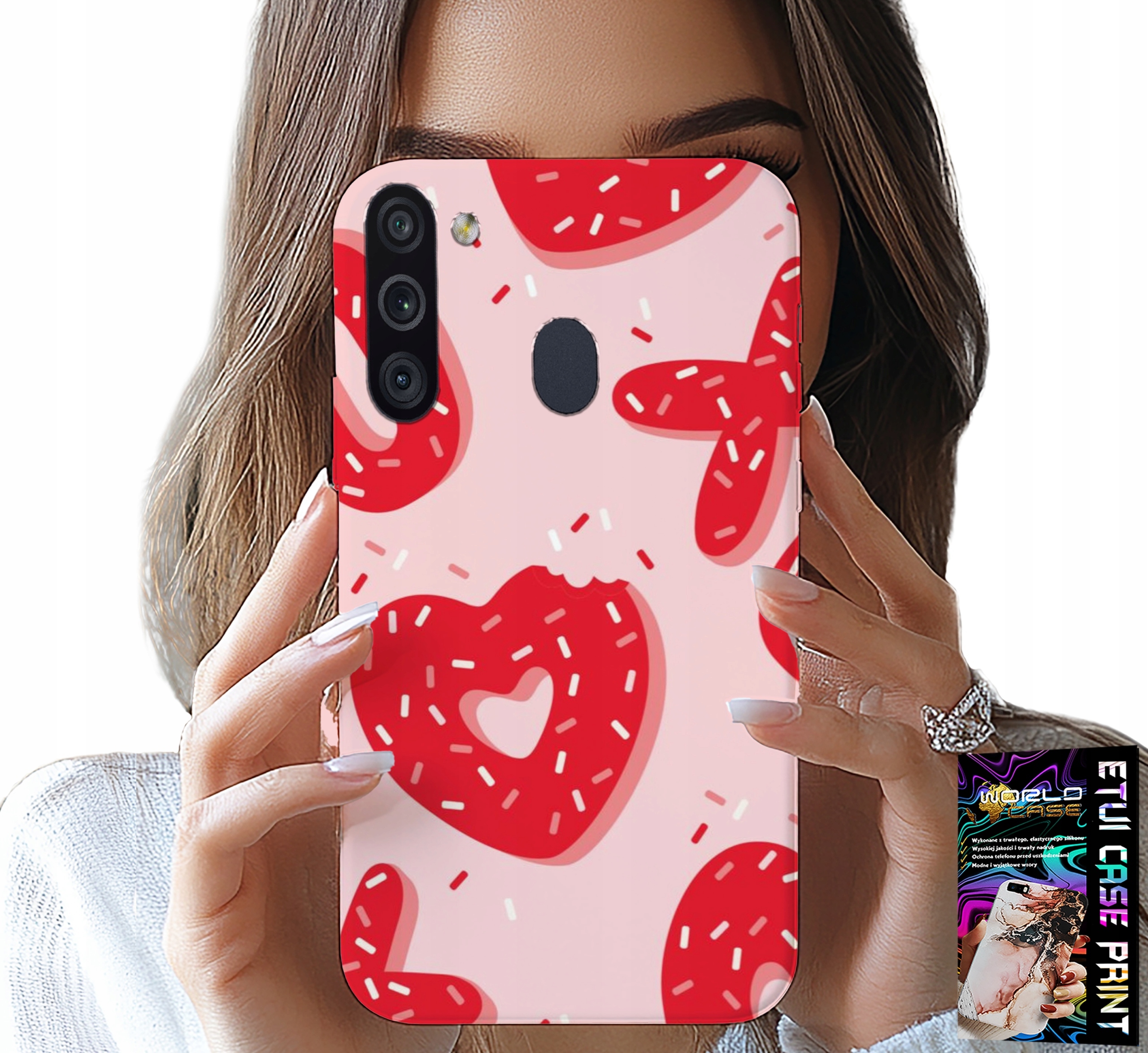 ETUI DO SAMSUNG GALAXY A21 - KOBIECE, MODNE WZORY XOXO SERCE + SZKŁO