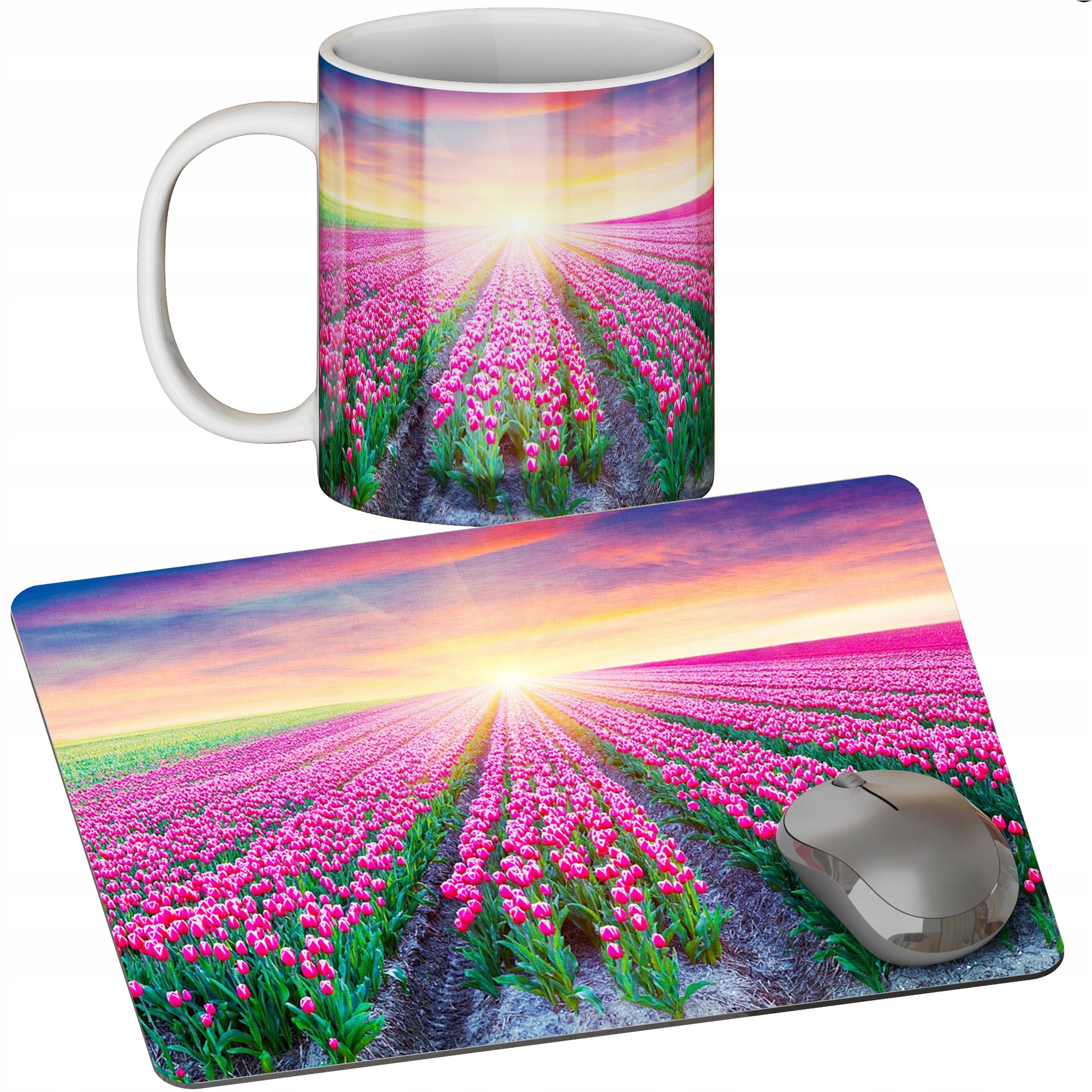 ZESTAW KUBEK + PODKŁADKA - KWIATY BUKIET RÓŻA - PREZENT WIELE WZORÓW + IMIĘ