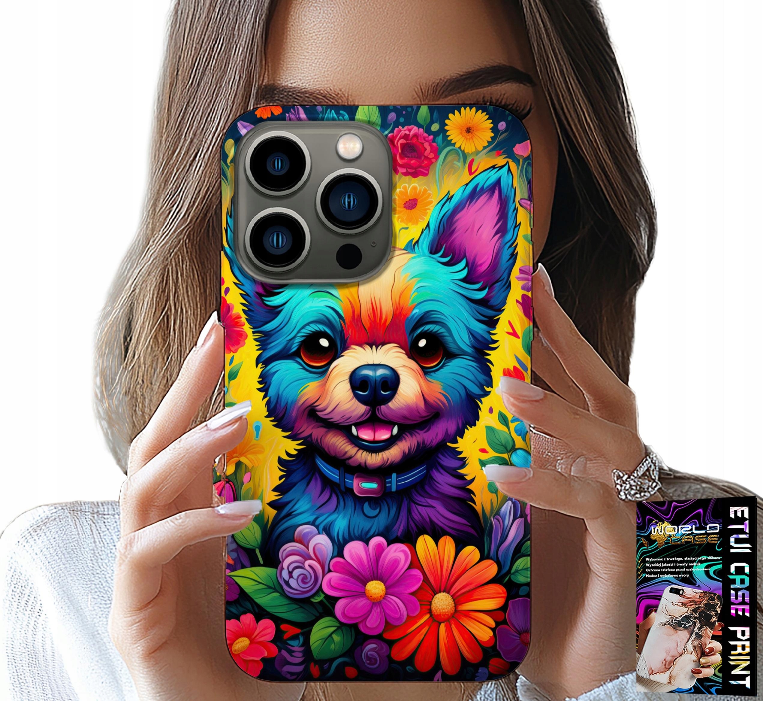 ETUI DO IPHONE 15 PRO - KWIACISTE WZORY PIESEK PIES JORK PLECKI