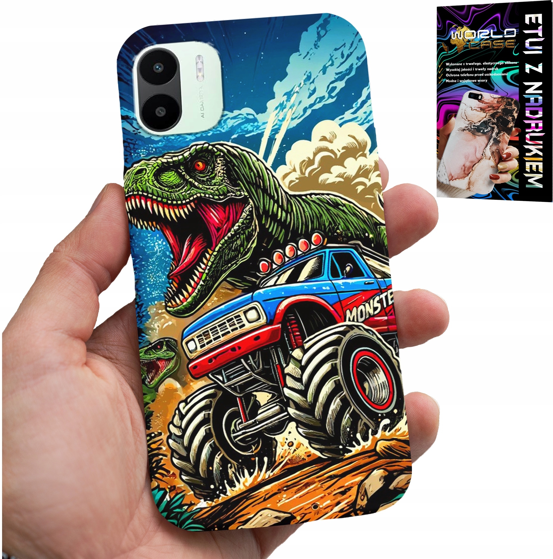 ETUI DO XIAOMI REDMI A1 -DINOZAUR W MONSTERTRUCKU WZORY DLA DZIECI