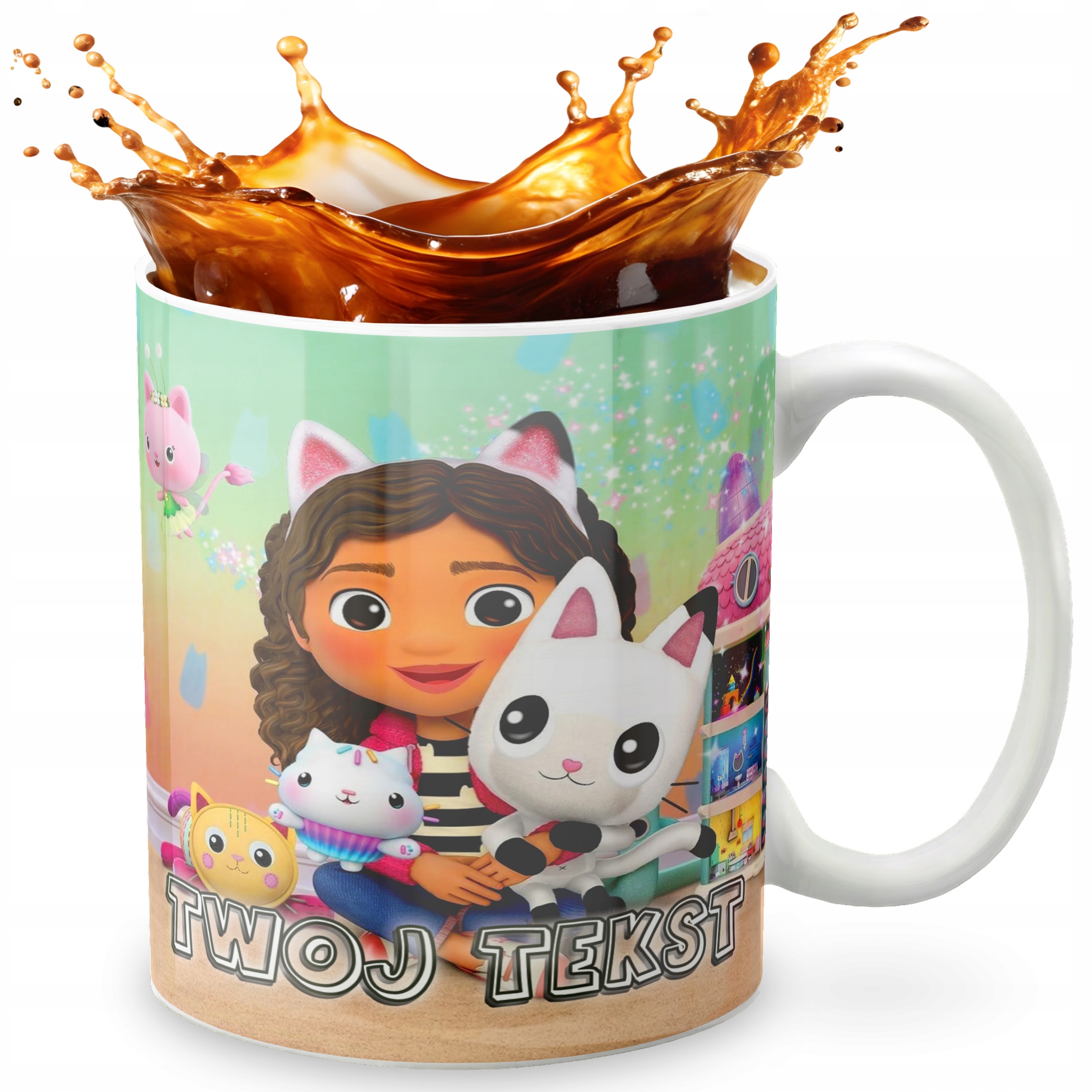 KUBEK 330ml GRAFIKA PREZENT ŚWIĘTA WZÓR - KOCI DOMEK GABI GABBY DOLL + IMIĘ