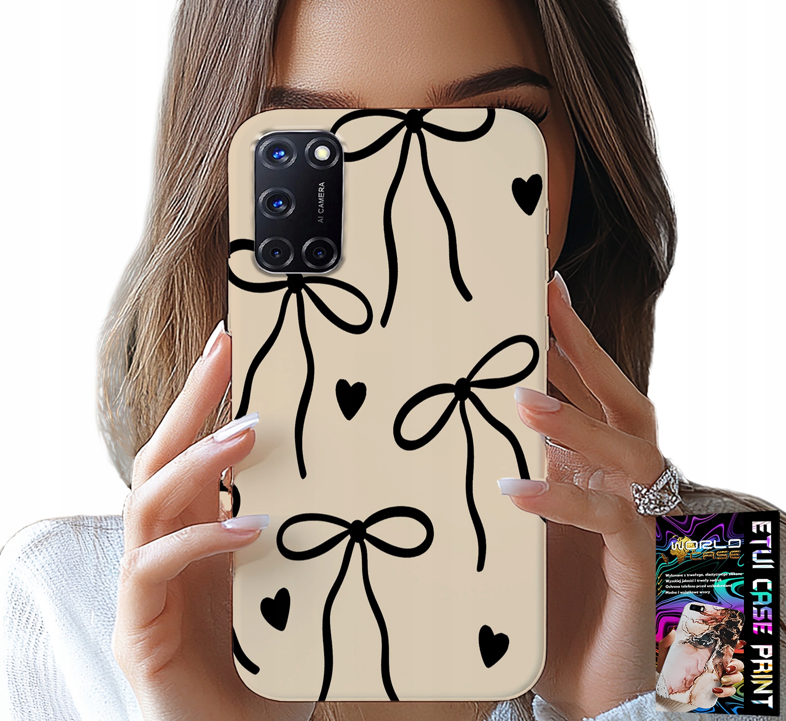 ETUI DO OPPO A52 - BEŻOWE KOKARDKI WSTĄŻKA MODNE WZORY