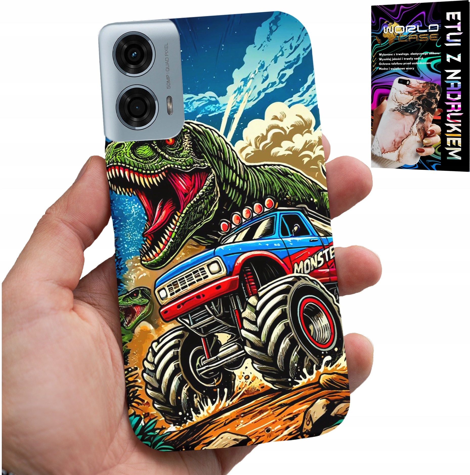 ETUI DO MOTOROLA G24 / G04 -DINOZAUR W MONSTERTRUCKU WZORY DLA DZIECI