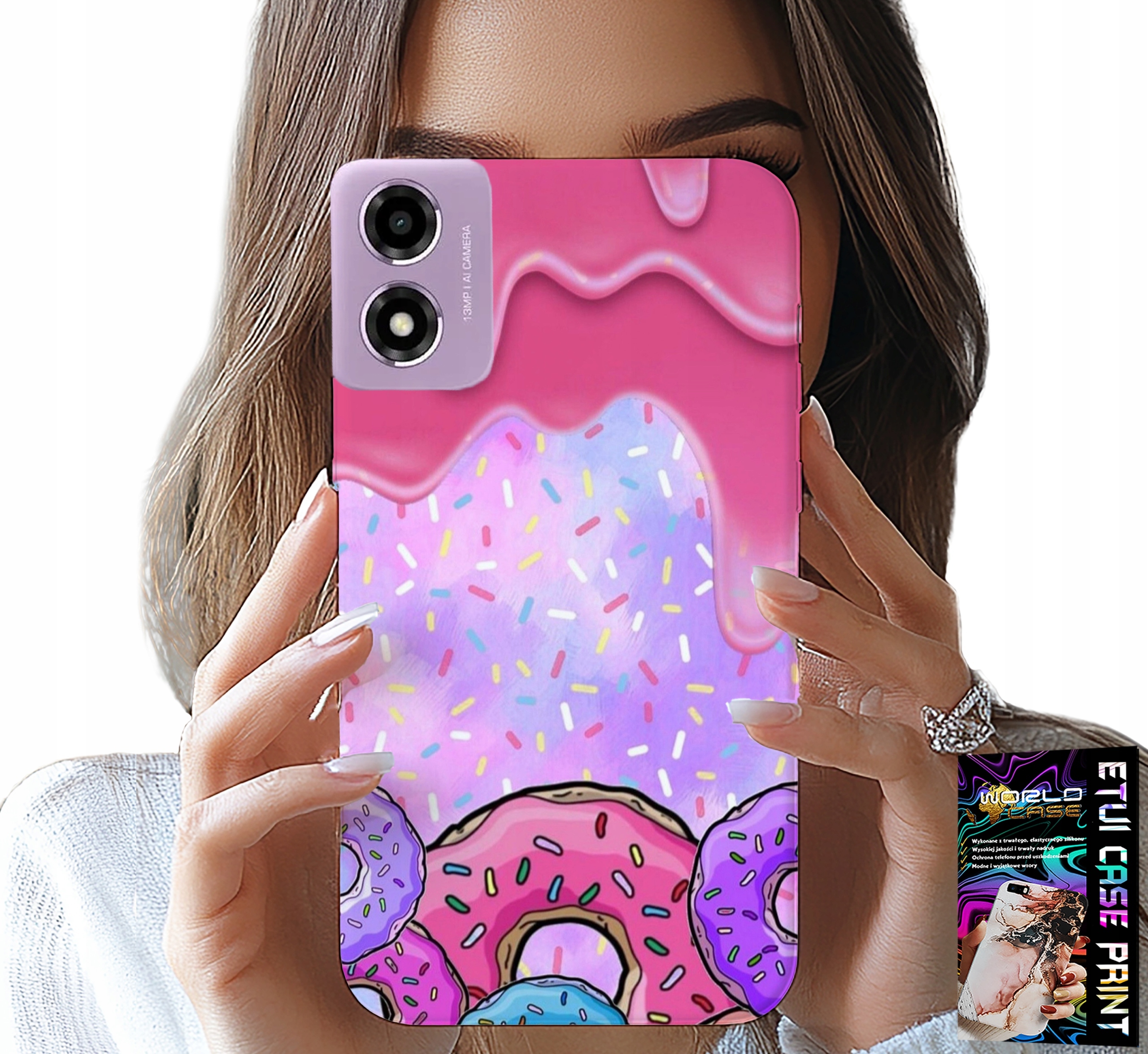 ETUI DO MOTOROLA MOTO E14 - SŁODKIE DONUTY Z LUKREM W TLE + SZKŁO