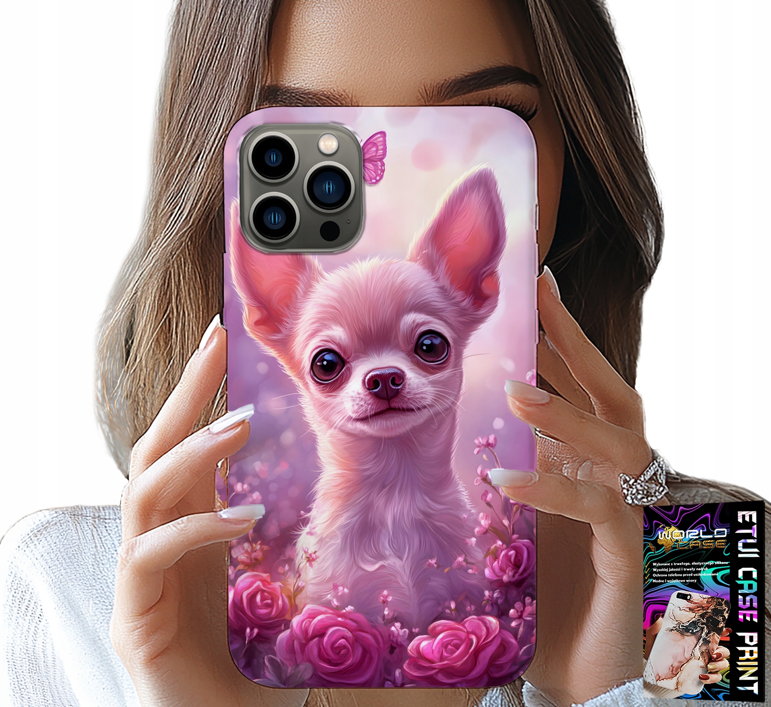 ETUI DO IPHONE 13 PRO MAX - SŁODKA CHIHUAHUA NA RÓŻOWYM TLE KWIATAMI