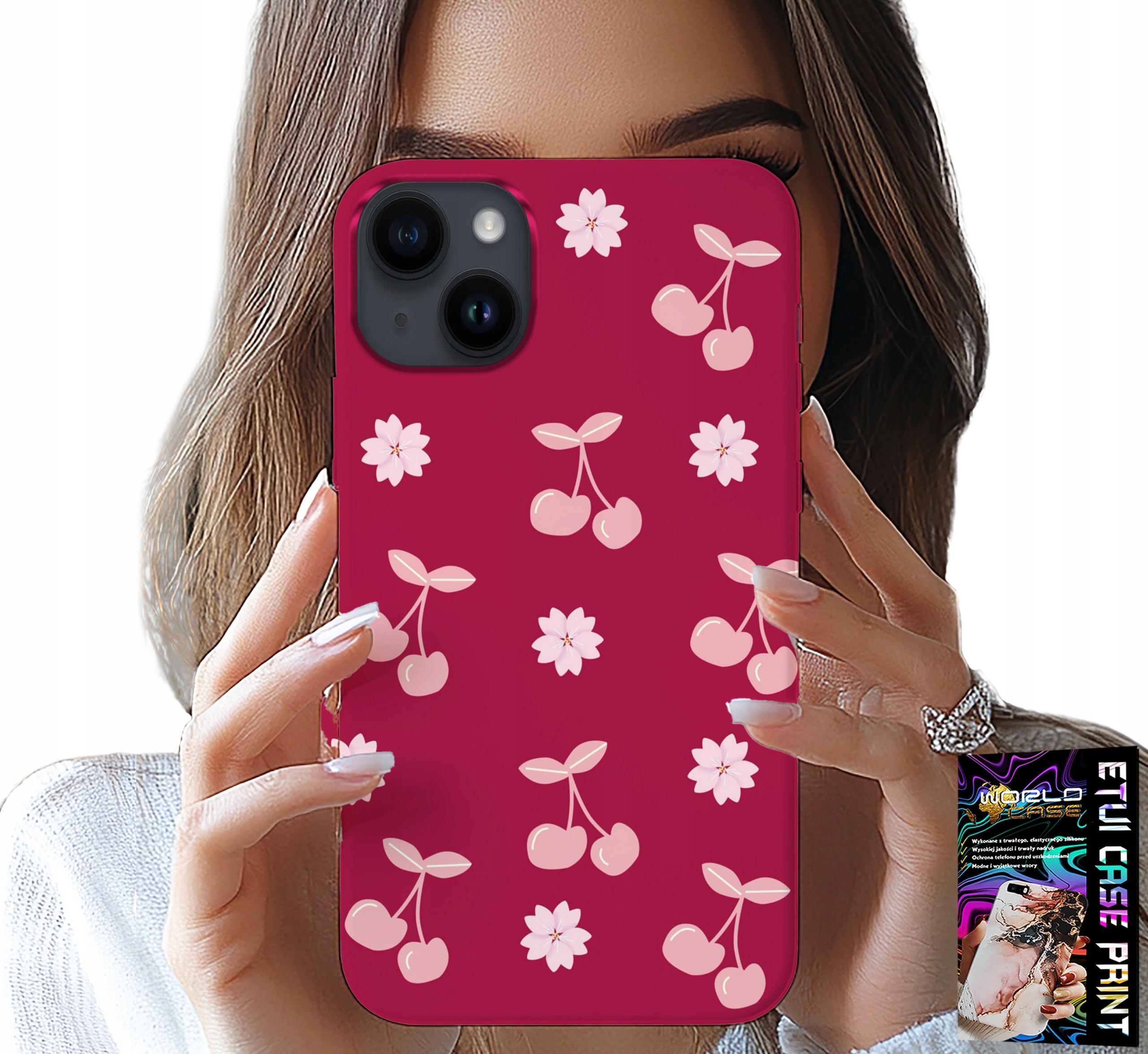 ETUI DO IPHONE 15 PLUS - WISIENKI, WIŚNIE NA BORDOWYM TLE + FOLIA