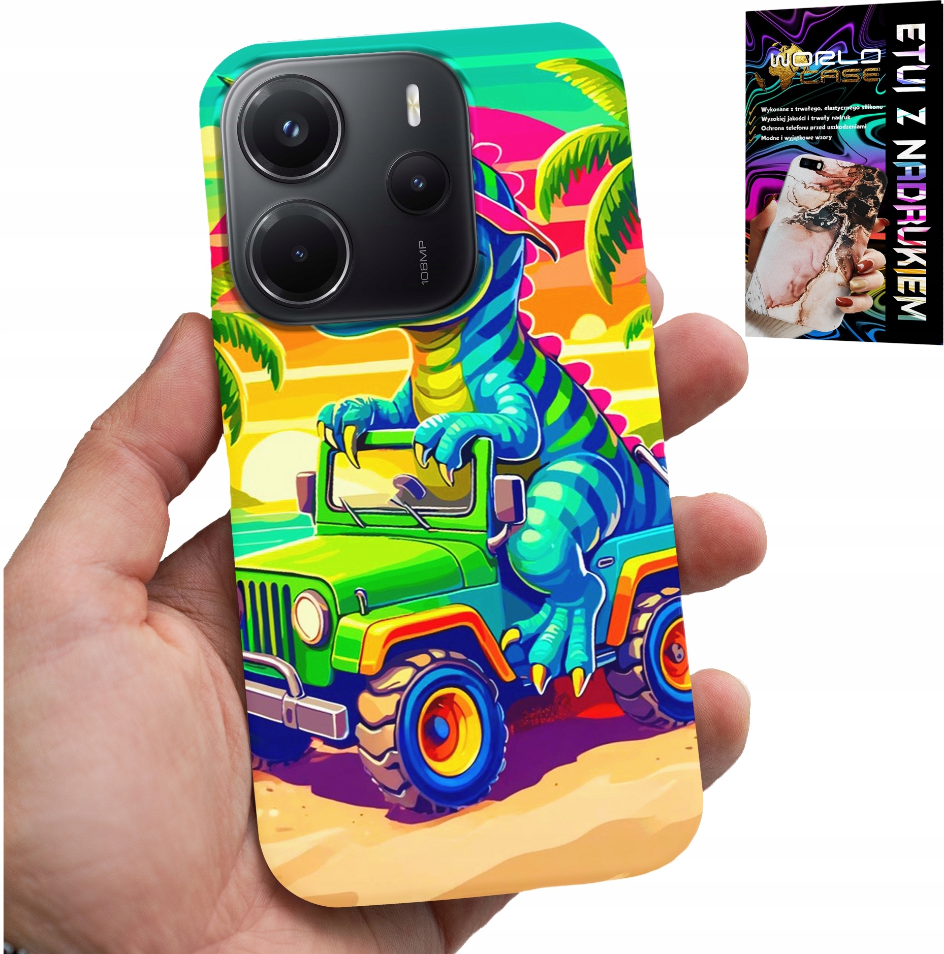 ETUI DO XIAOMI NOTE 14 4G - DINOZAUR W CIĘŻARÓWCE WZORY DLA DZIECI