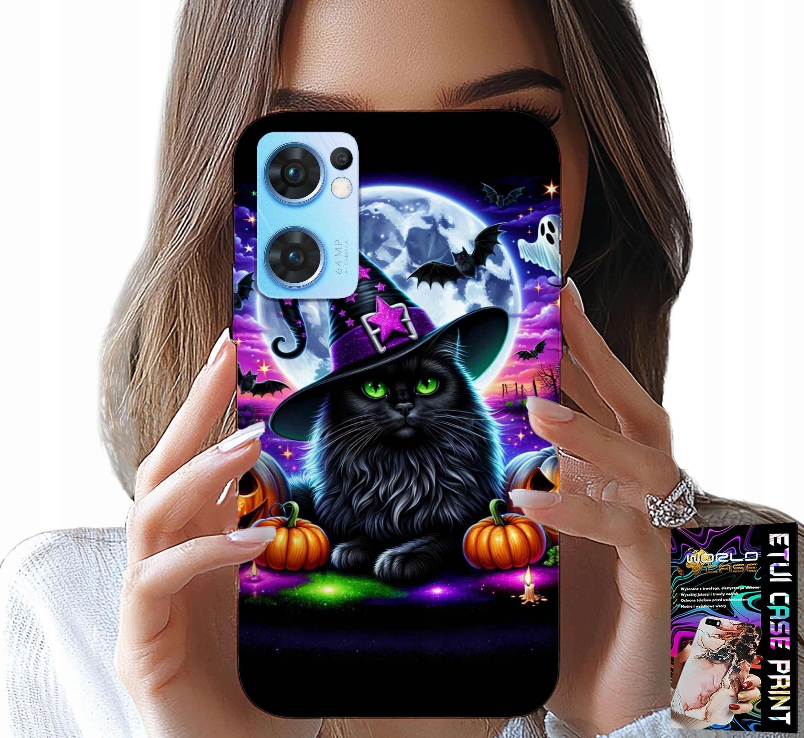 ETUI DO OPPO RENO7 5G - CZARNY KOTEK HALLOWEEN SALEM DYNIA WZORY