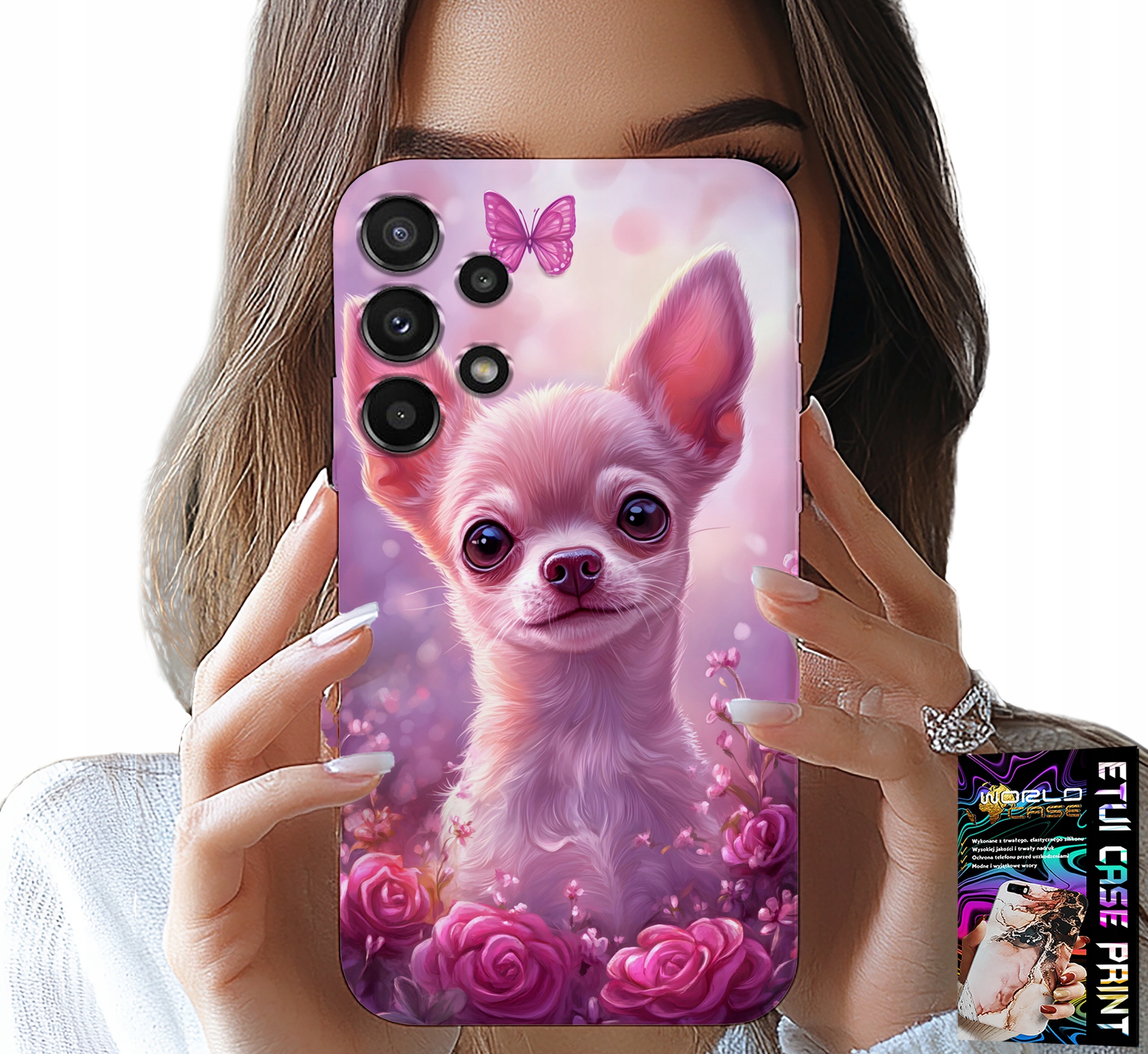 ETUI DO SAMSUNG GALAXY A32 5G - SŁODKA CHIHUAHUA NA RÓŻOWYM TLE KWIATAMI