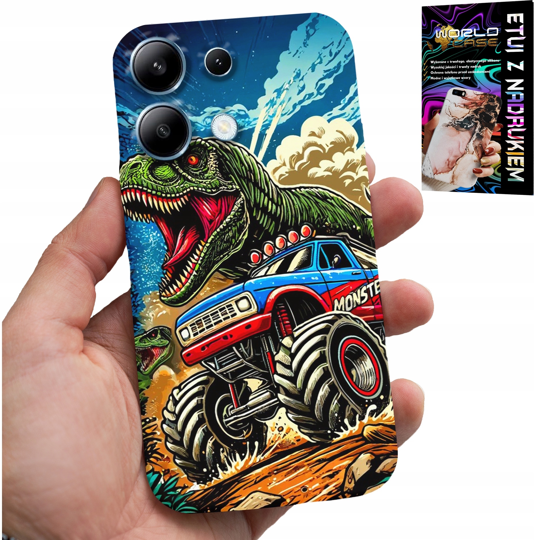 ETUI DO XIAOMI NOTE 13 4G -DINOZAUR W MONSTERTRUCKU WZORY DLA DZIECI