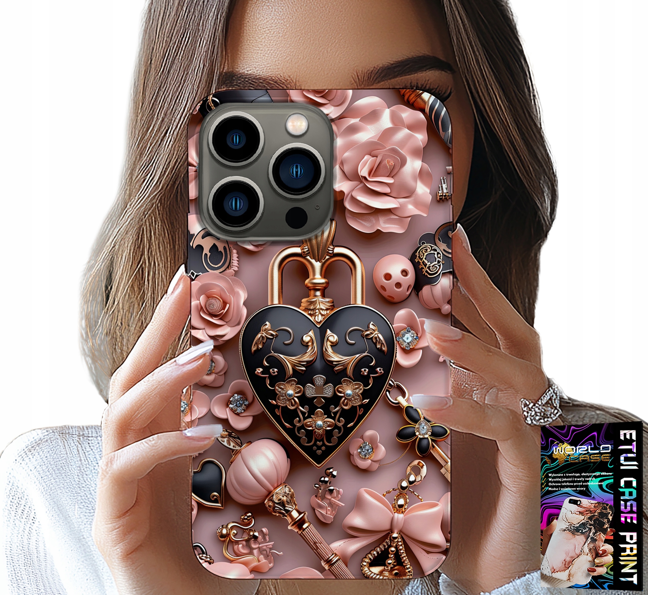 ETUI DO IPHONE 16 PRO - KOBIECE WZORY KŁÓDKA SERCE CASE + SZKŁO