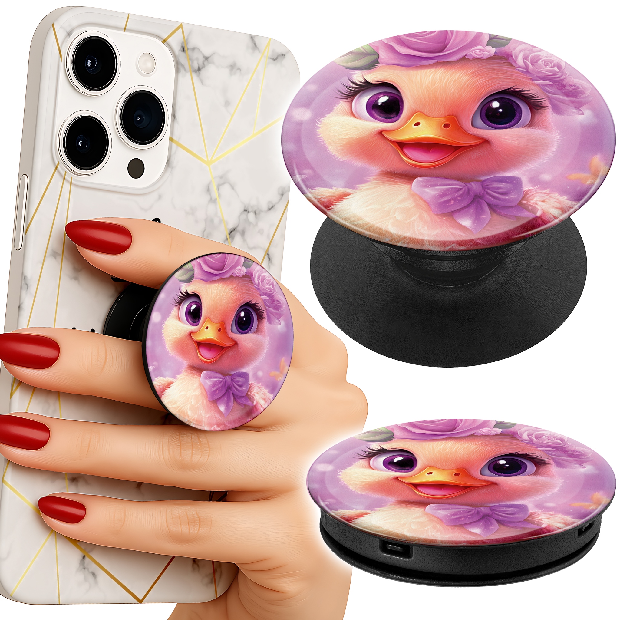 Uchwyt do telefonu Popsocket na palce/stojak SŁODKA KACZKA NA RÓŻOWYM TLE