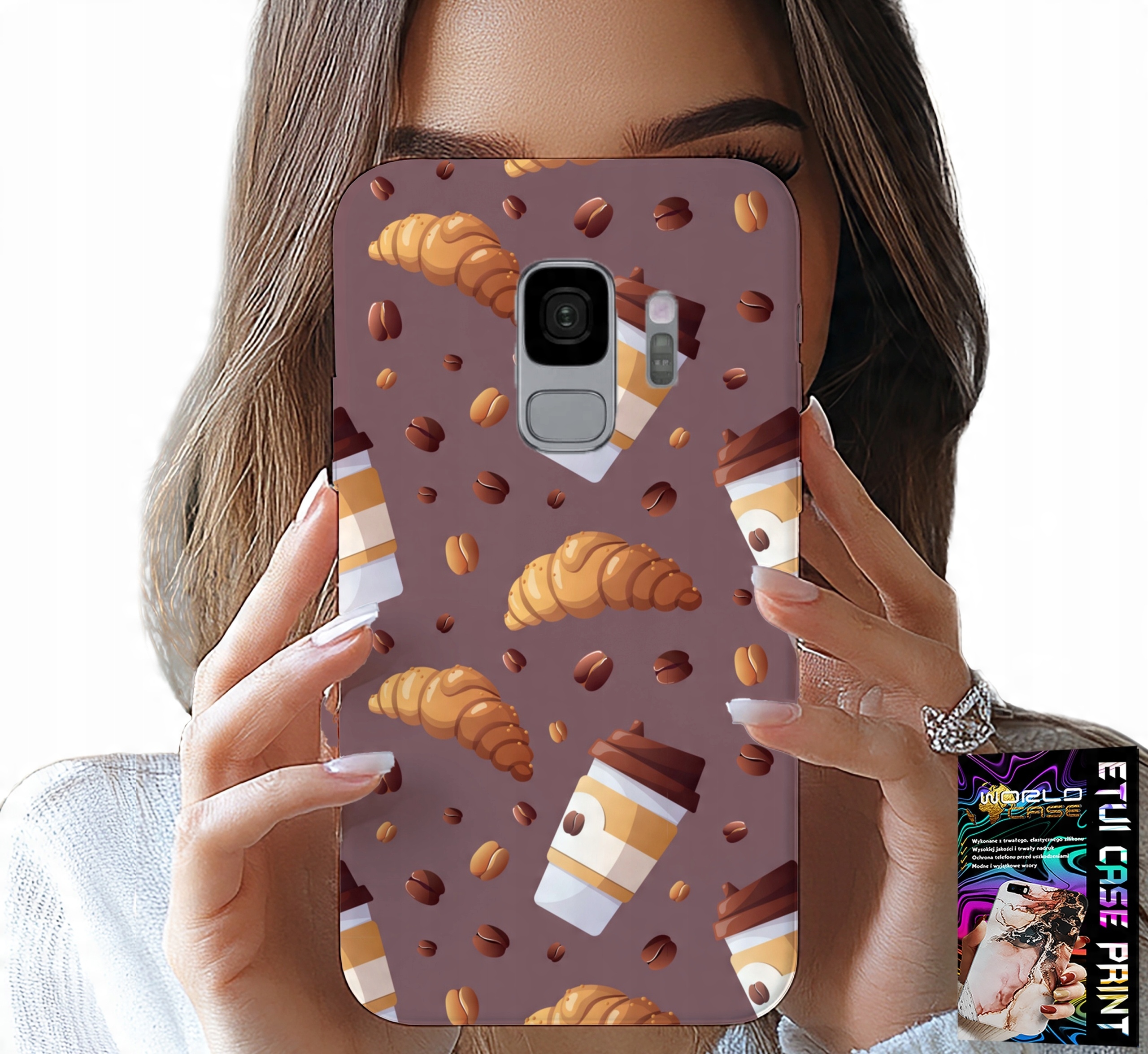 ETUI DO SAMSUNG GALAXY S9 - CASE Z KAWĄ ROGALIKAMI I ZIARNAMI W TLE