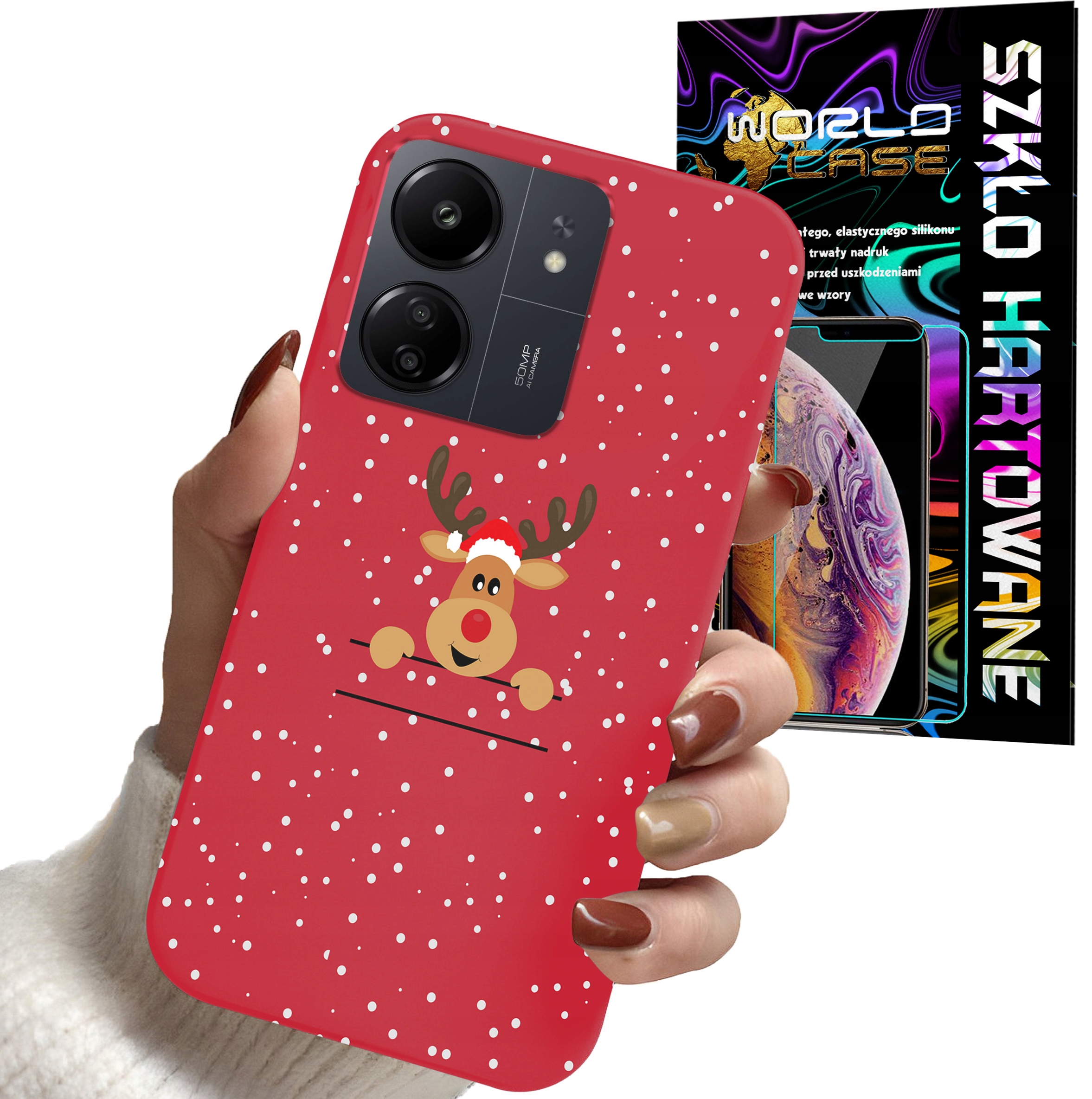 ETUI DO XIAOMI REDMI 13C - ŚWIĄTECZNE WZORY RENIFER PLECKI + SZKŁO