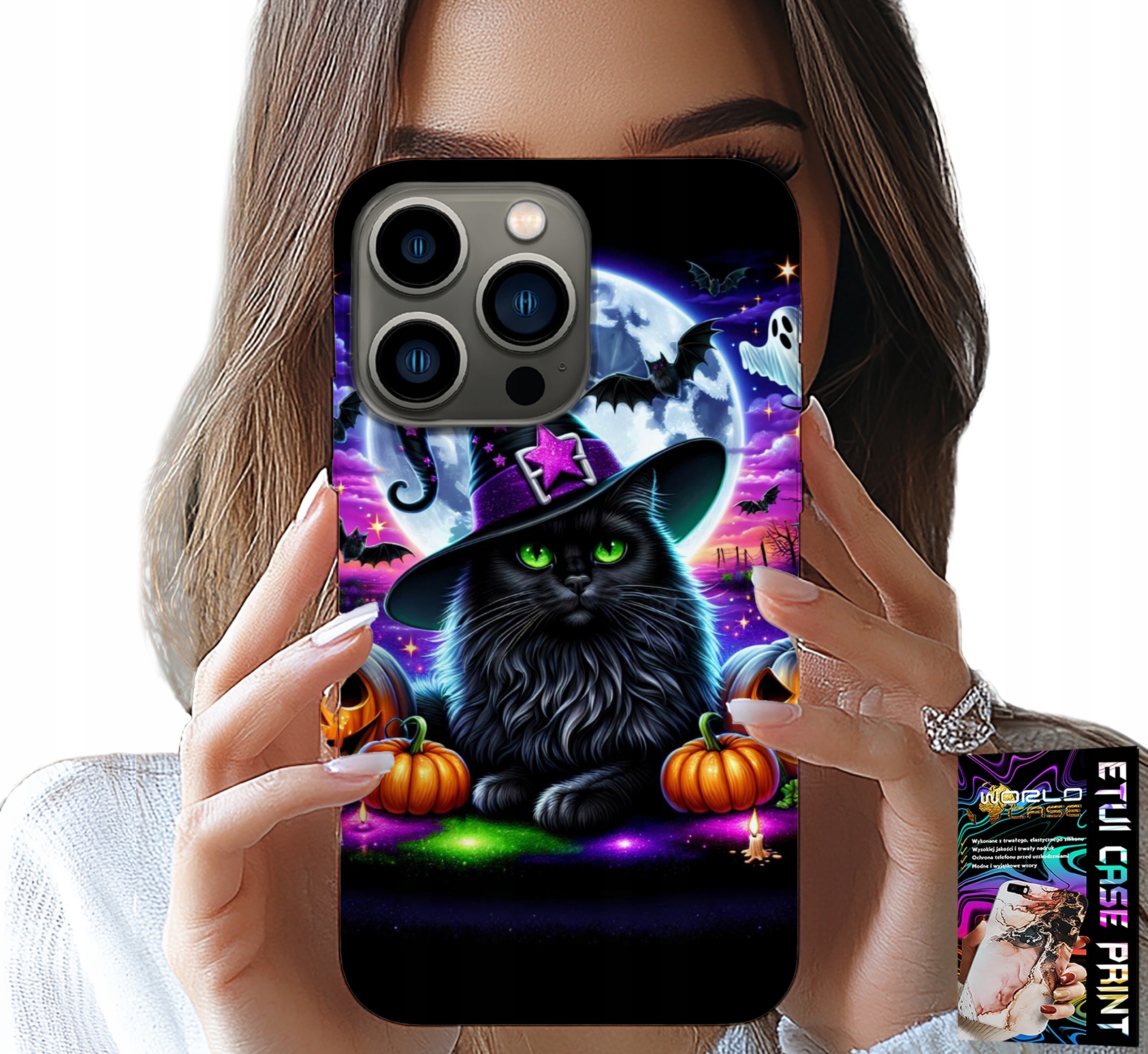 ETUI DO IPHONE 16 PRO - CZARNY KOTEK HALLOWEEN SALEM DYNIA WZORY