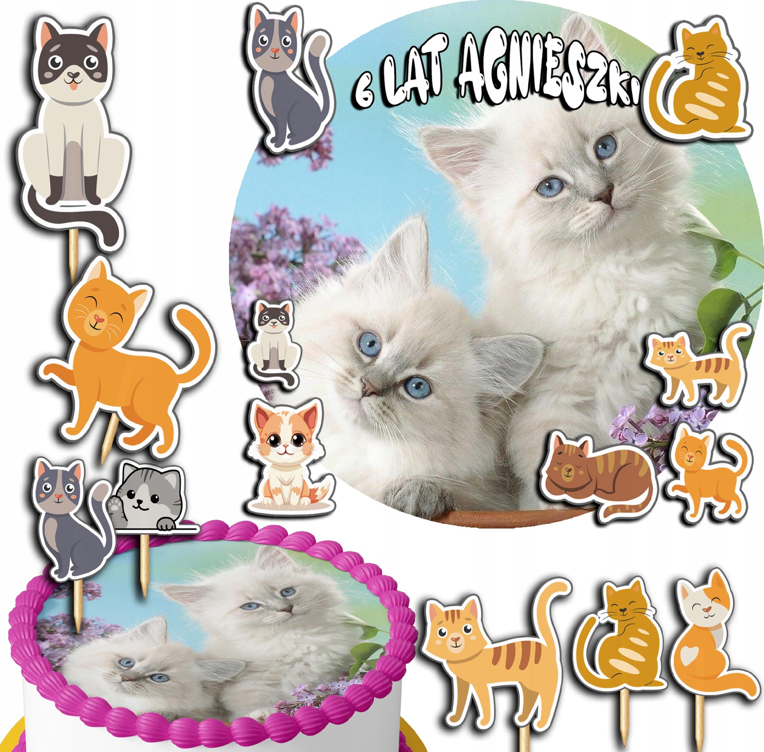 ZESTAW OPŁATEK NA TORT 20CM + TOPPERY PAPIEROWE - KOT KOTEK KOTY 15CM 18CM