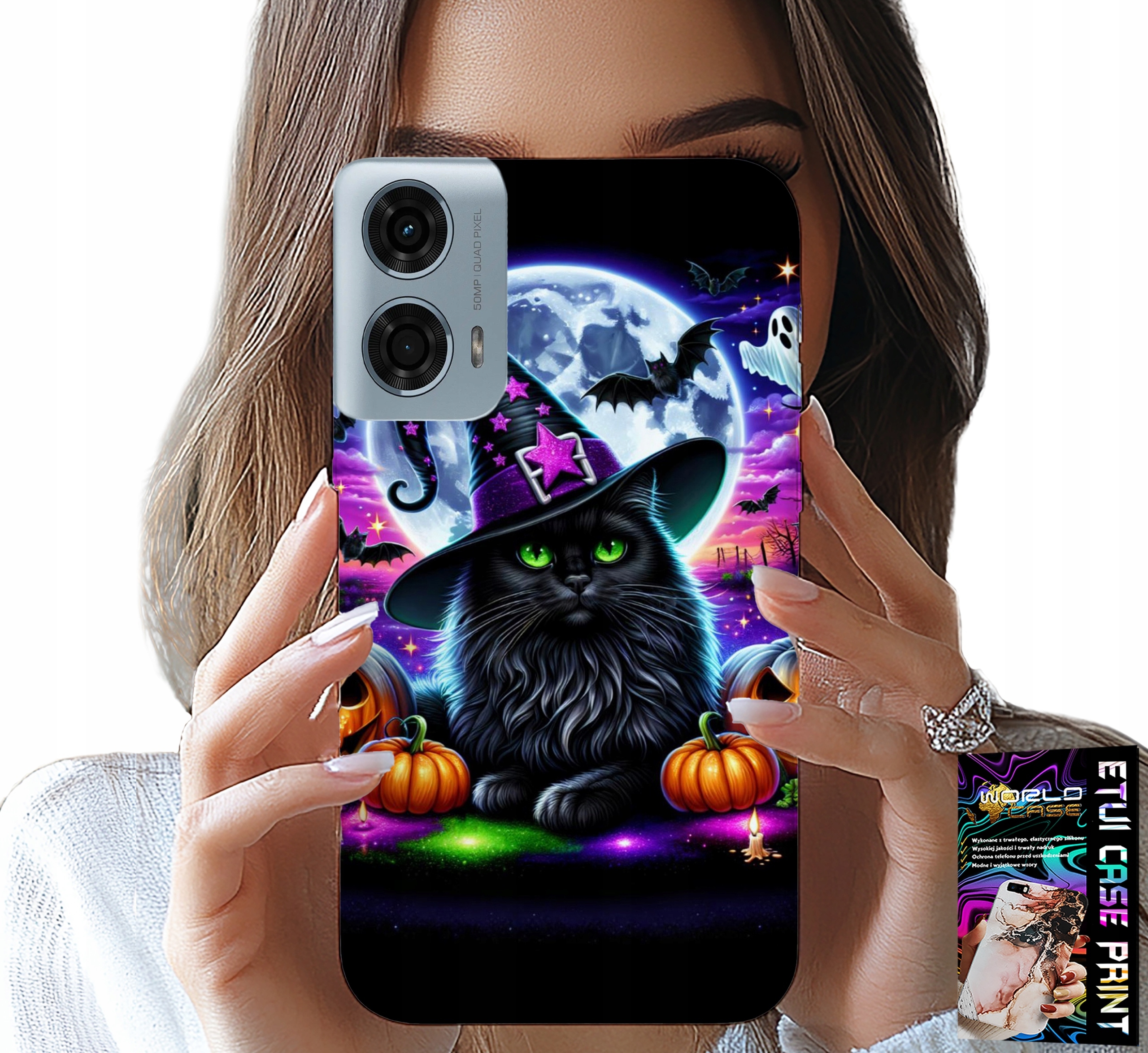 ETUI DO MOTOROLA MOTO G85 5G - CZARNY KOTEK HALLOWEEN SALEM DYNIA WZORY