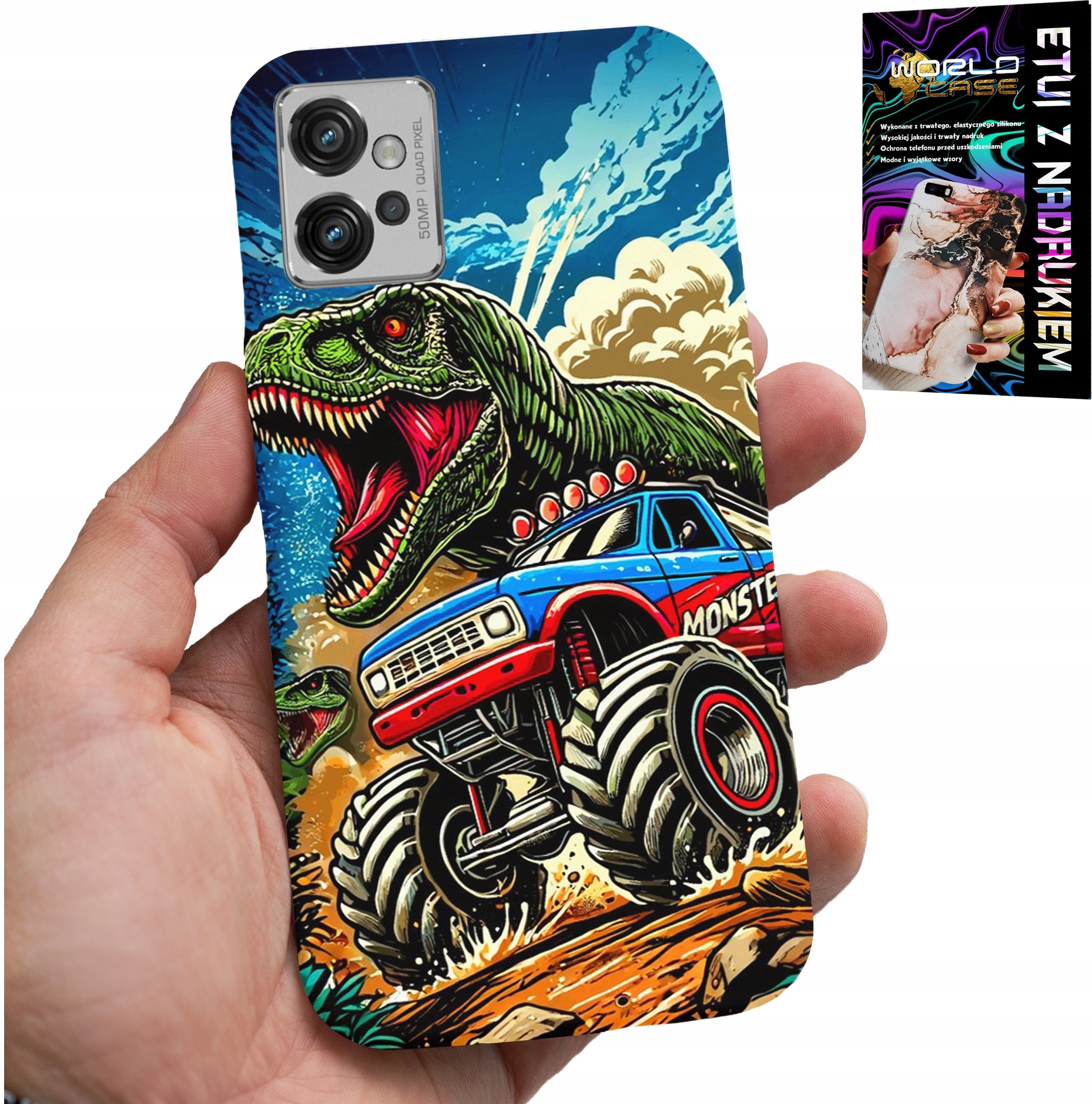 ETUI DO MOTOROLA G32 -DINOZAUR W MONSTERTRUCKU WZORY DLA DZIECI