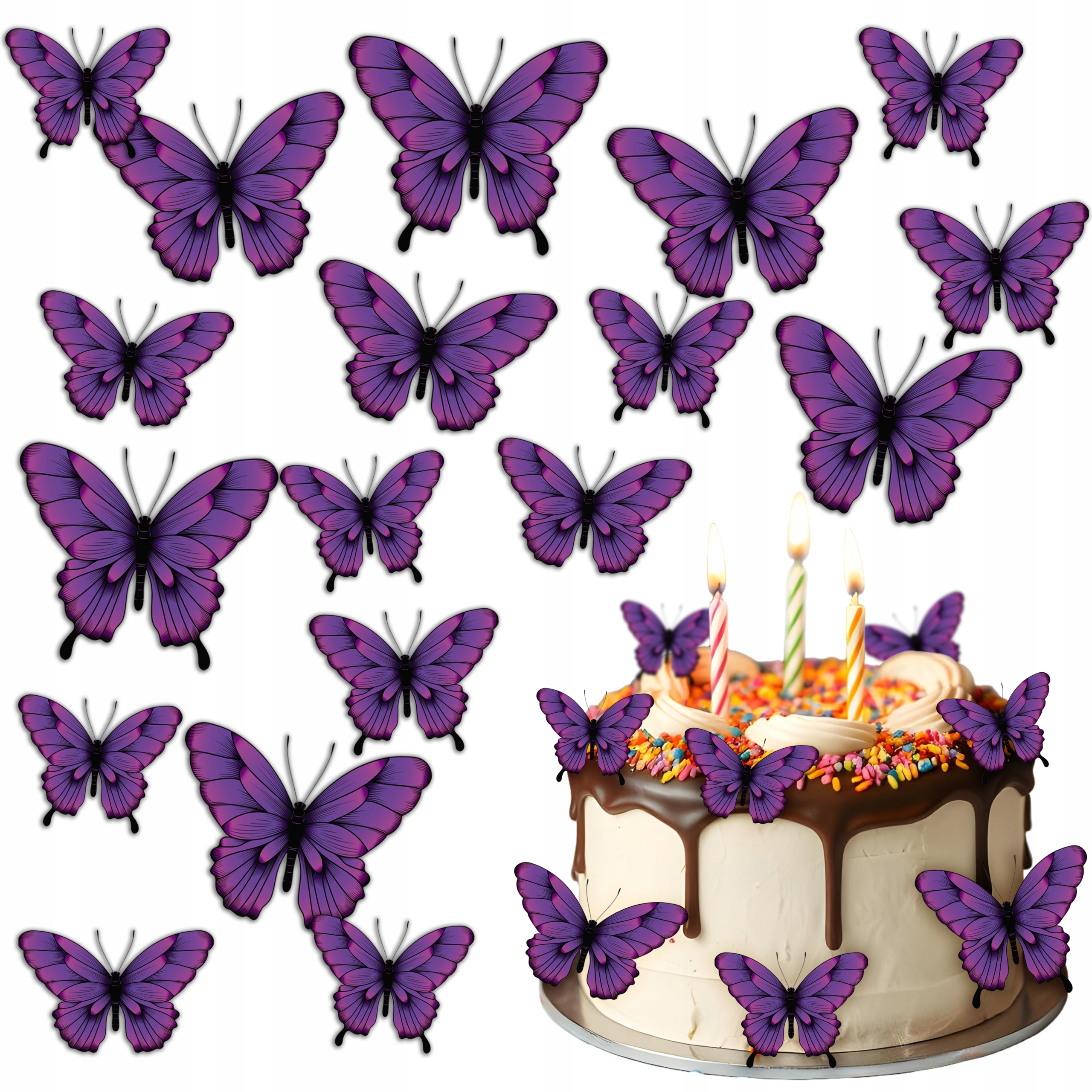 Waflowe Fioletowe MOTYLKI MOTYLEK na tort Jadalna ozdoba dekoracja 23 szt