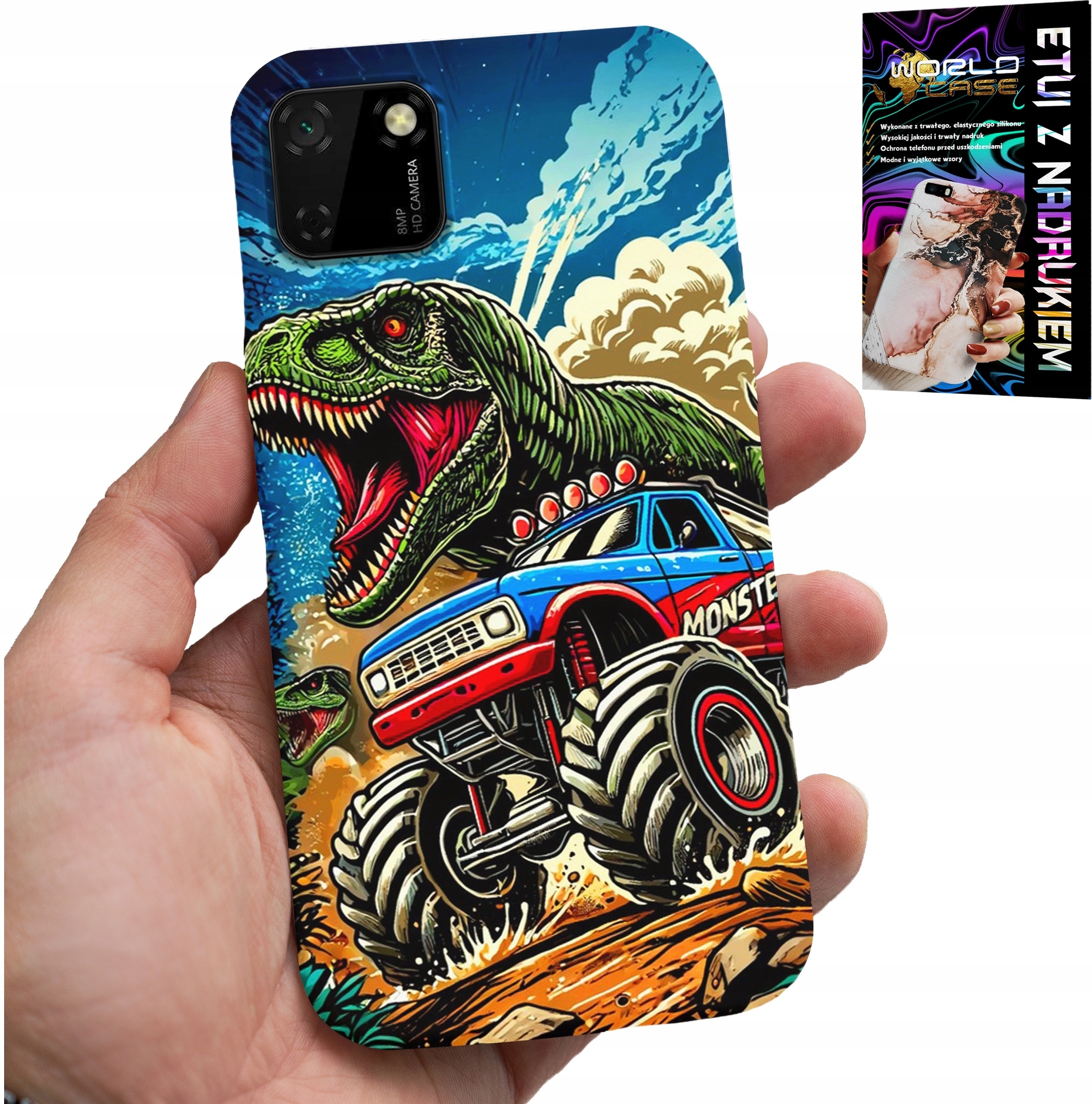 ETUI DO HUAWEI Y5P -DINOZAUR W MONSTERTRUCKU WZORY DLA DZIECI