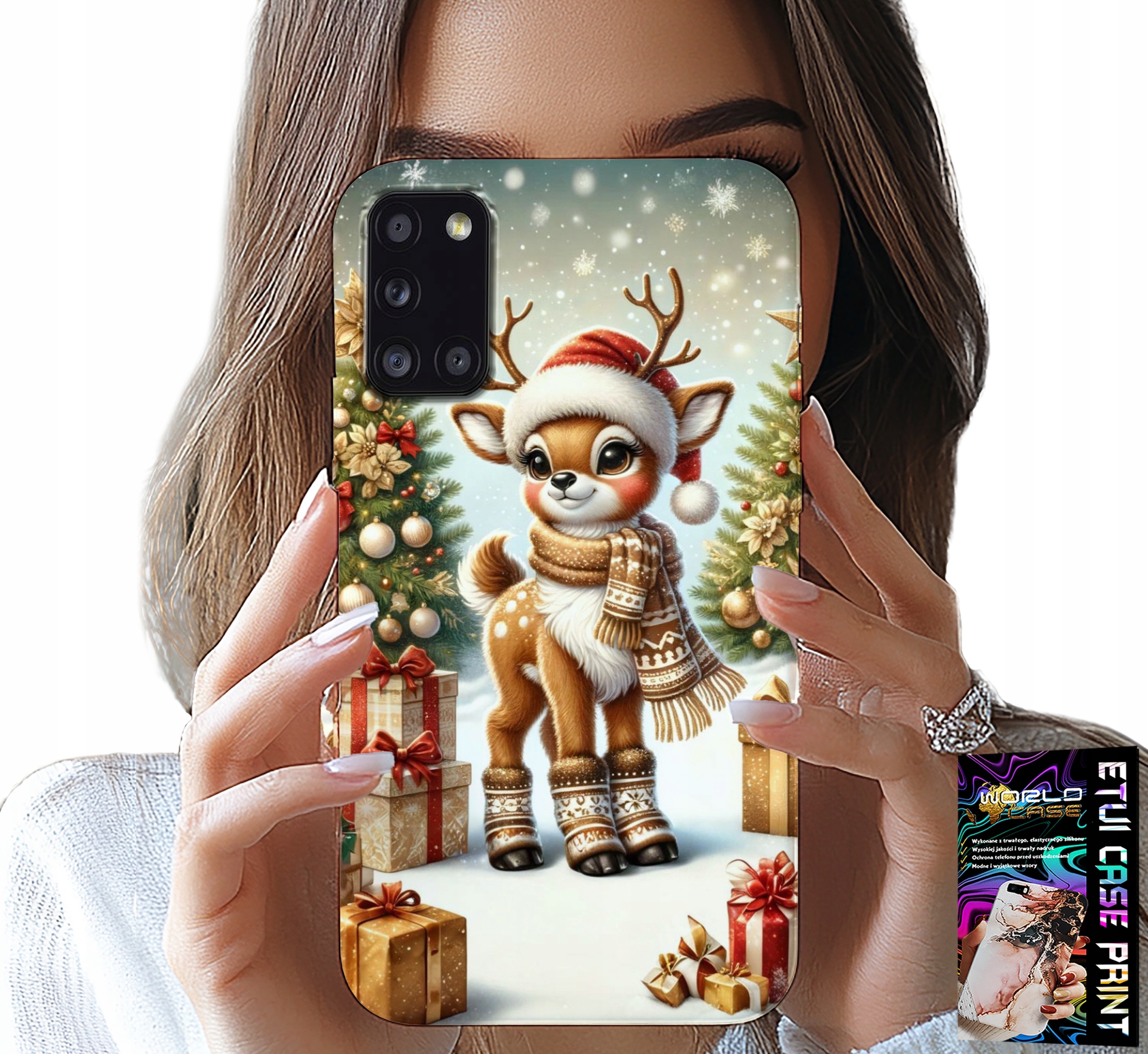 ETUI DO SAMSUNG GALAXY A31 - RENIFER, WZORY BOŻONARODZENIOWE + SZKŁO