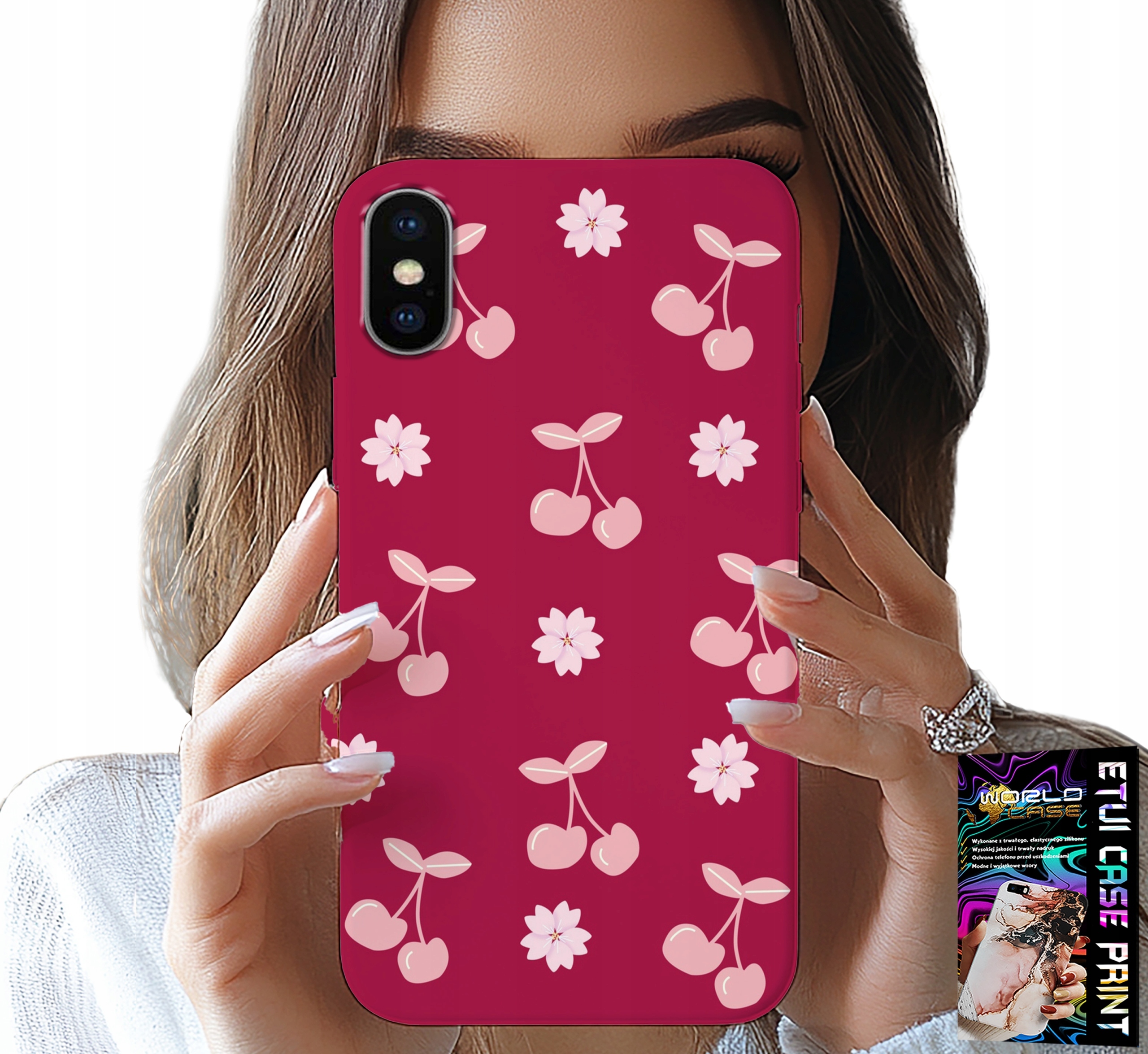 ETUI DO IPHONE X / XS - WISIENKI, WIŚNIE NA BORDOWYM TLE + FOLIA