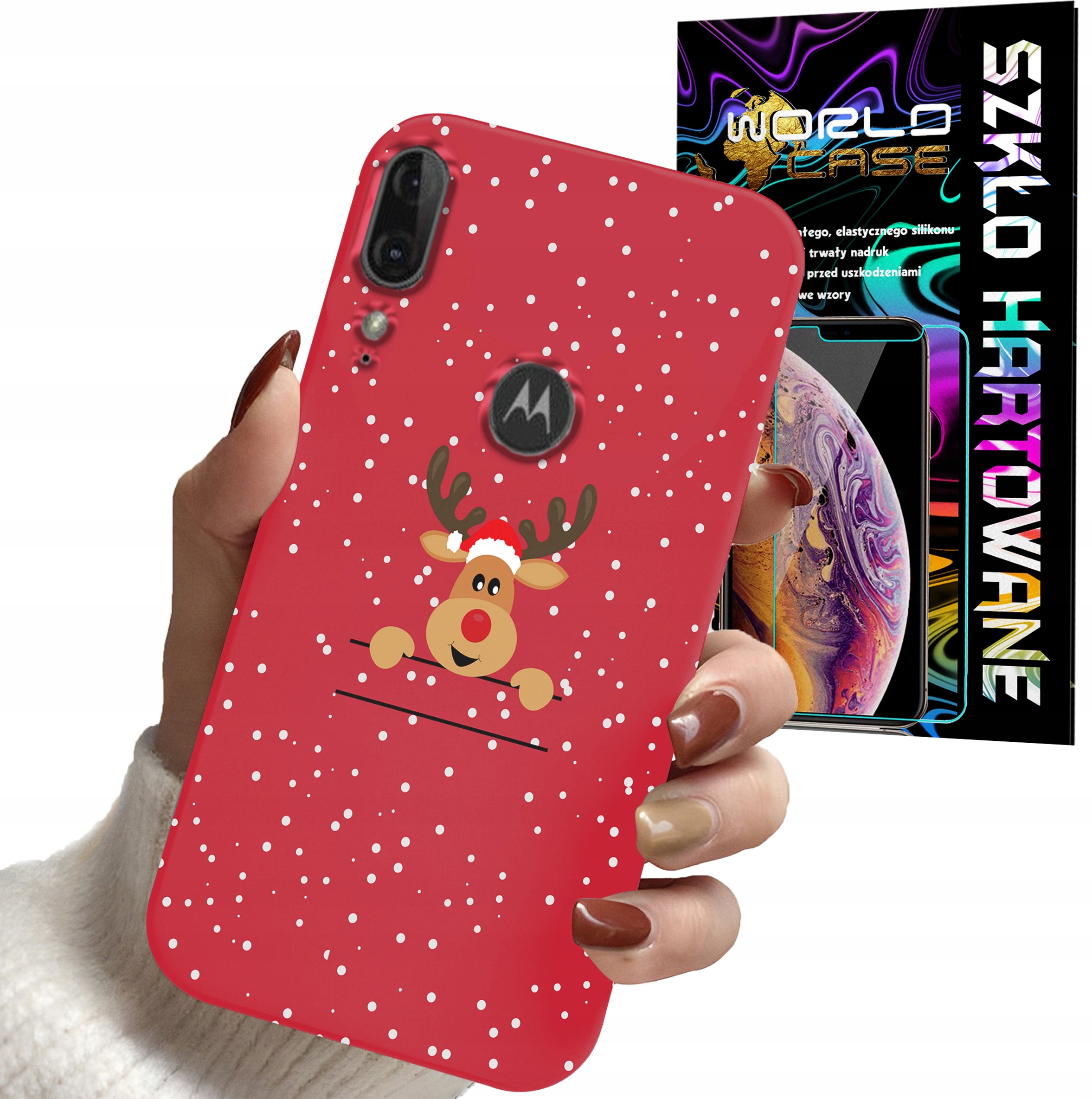 ETUI DO MOTOROLA E6 PLUS - ŚWIĄTECZNE WZORY RENIFER PLECKI + SZKŁO