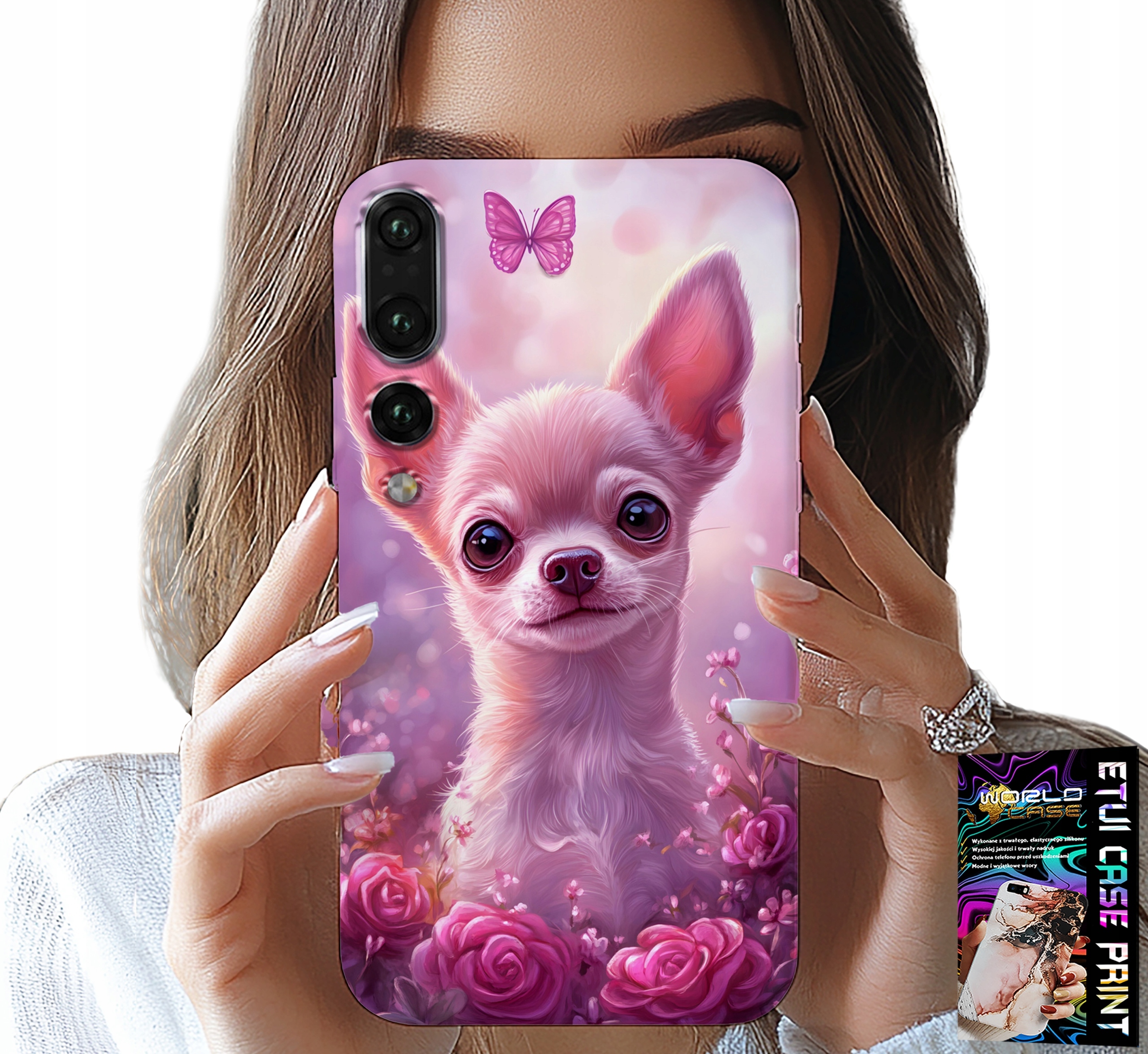 ETUI DO HUAWEI P20 PLUS - SŁODKA CHIHUAHUA NA RÓŻOWYM TLE KWIATAMI